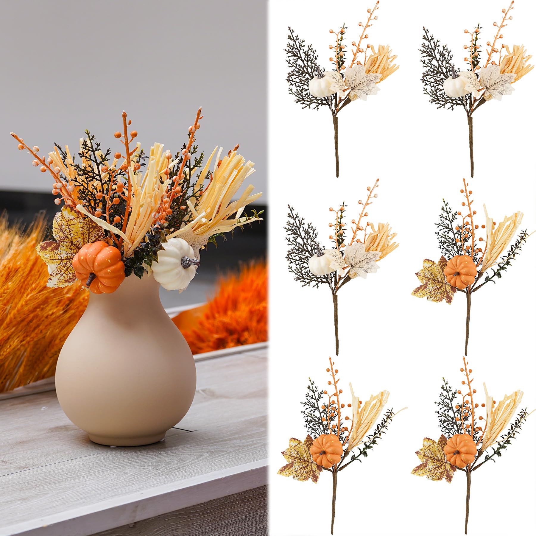 Oyezvary  Artificial Autumn Picks Set of Six with Realistic Pumpkins and Leaves for Fall Wreath Vase and Thanksgiving Decor Thirteen Inches Long