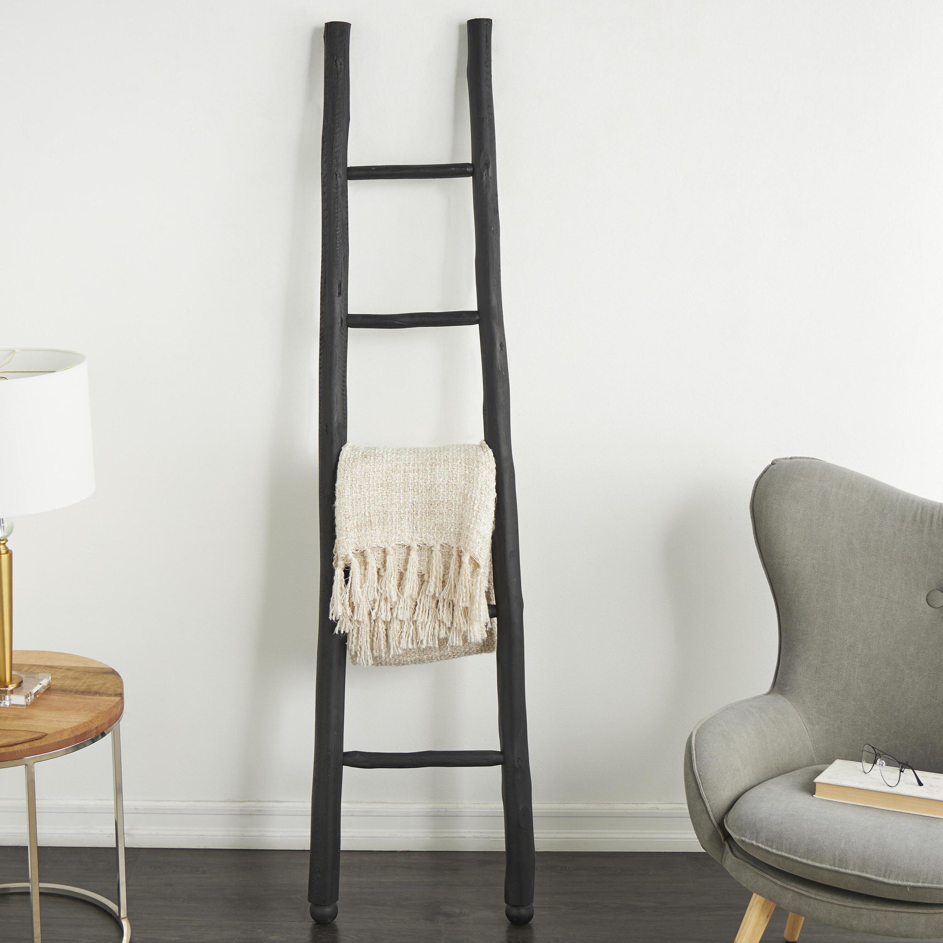 Grayson Lane 821673 Black Handmade Slanted Pine Freestanding Blanket ladder