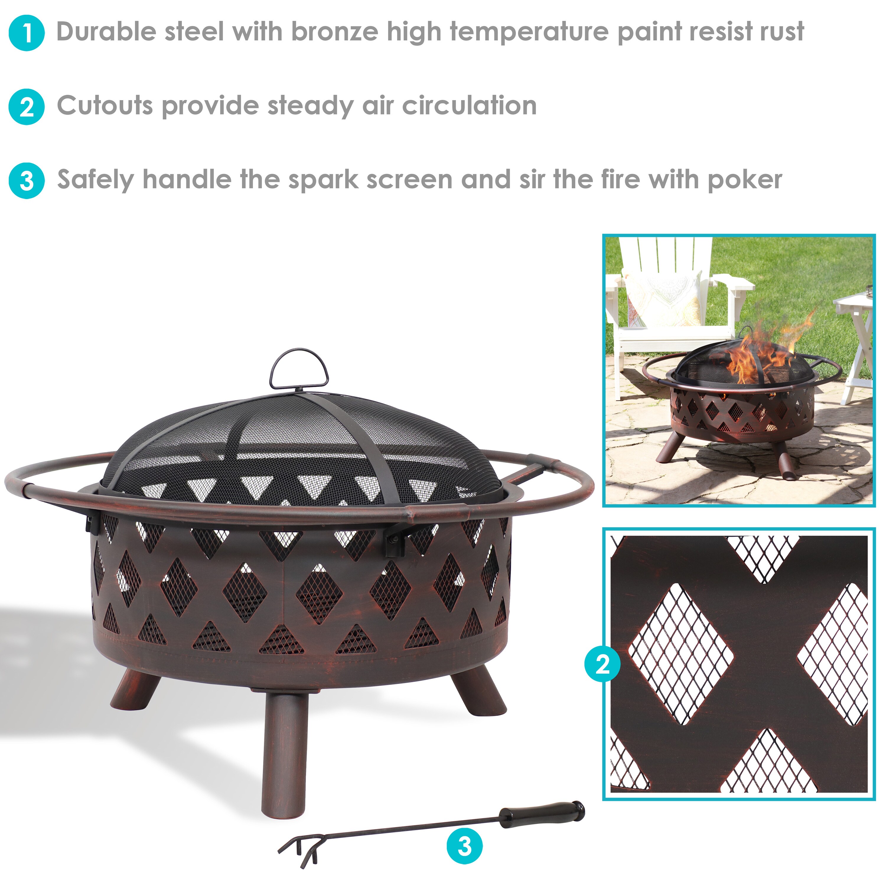 Bronze 30-Inch Crossweave Wood-Burning Fire Pit with Screen and Poker