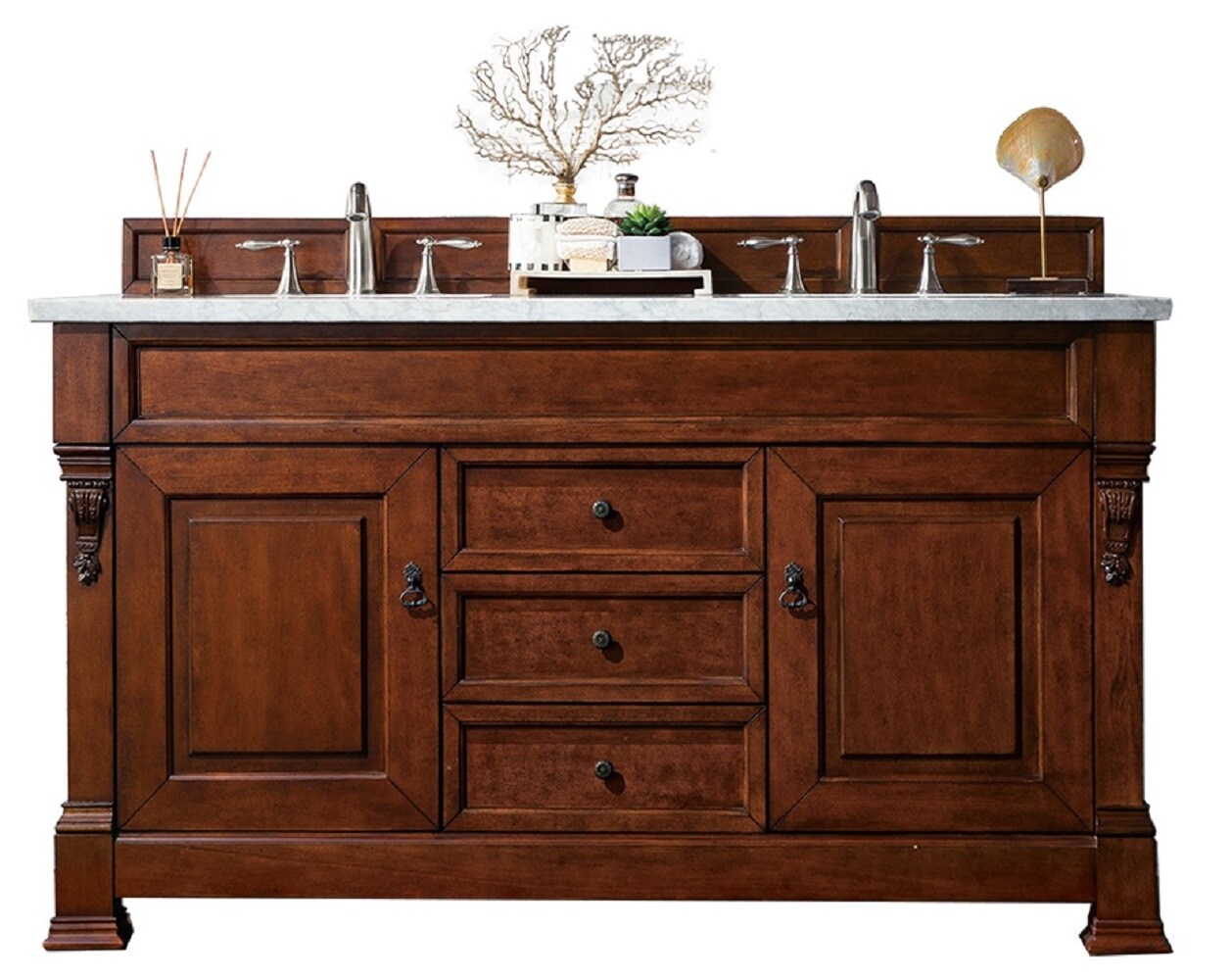 James Martin Vanities 147-114-5681-3CAR Brookfield 60-in Warm Cherry Undermount Double Sink Bathroom Vanity with Carrara Marble Top