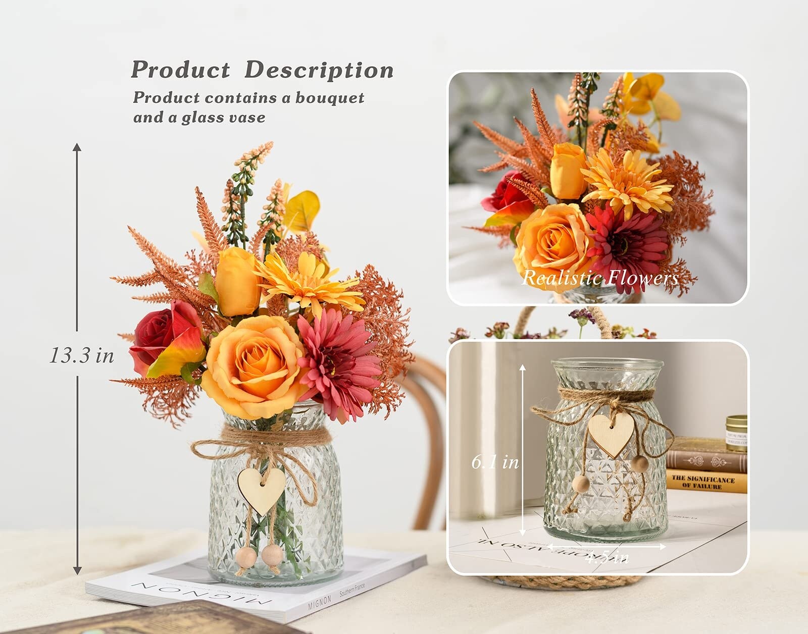 Phewnyzo Artificial Flowers with Vase Faux Silk Flower Arrangement for ...