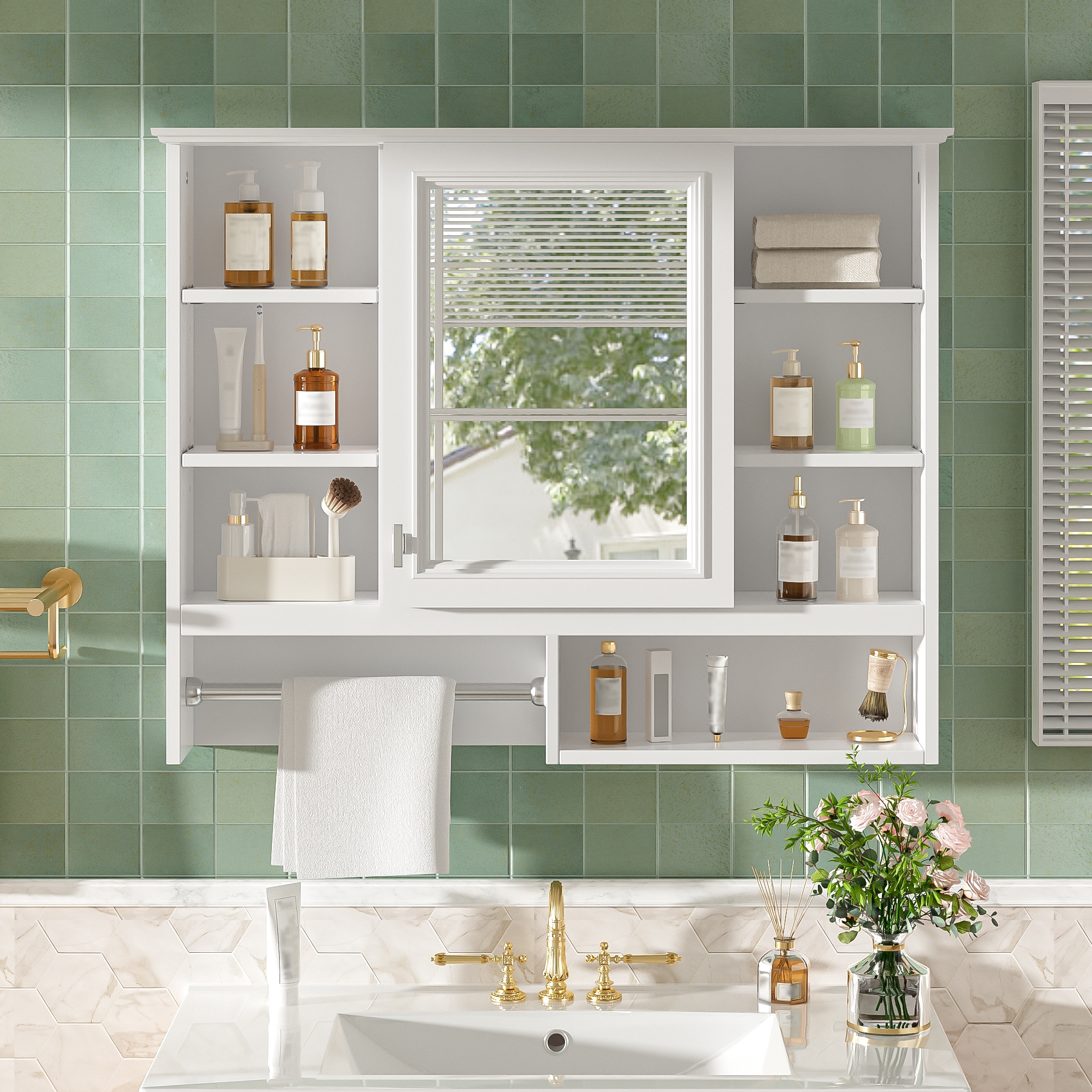 ModernLuxe Assembly Required 35 inch WallMount 2in1 Mirror Cabinet with Adjustable Shelves SoftClosing Hinges Open Shelves for Bathroom Vanity Living Room Bedroom Storage Organizer