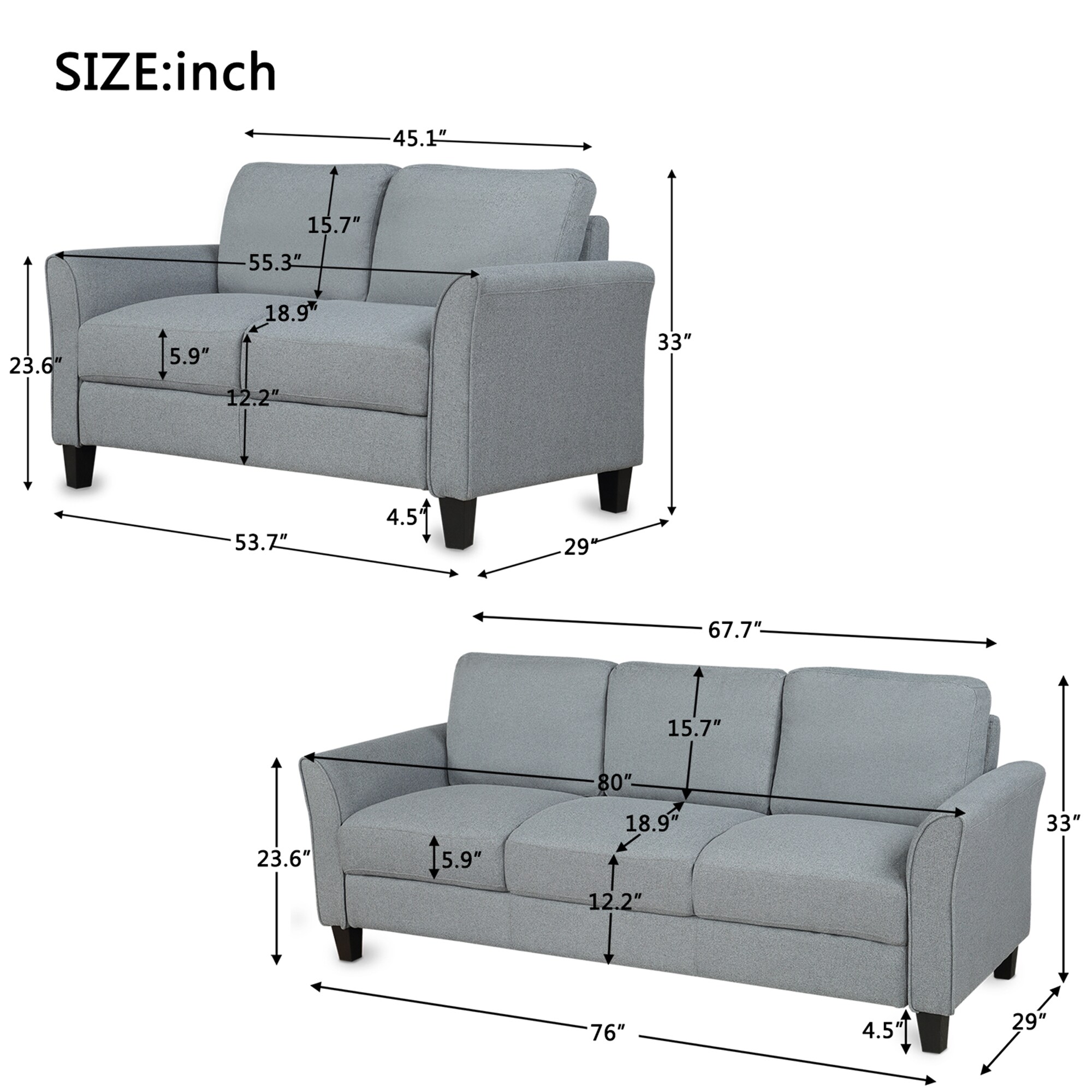 Clihome Gray Linen Sofa Set (2+3 Seat) Modern 2-Piece Linen Gray Living ...