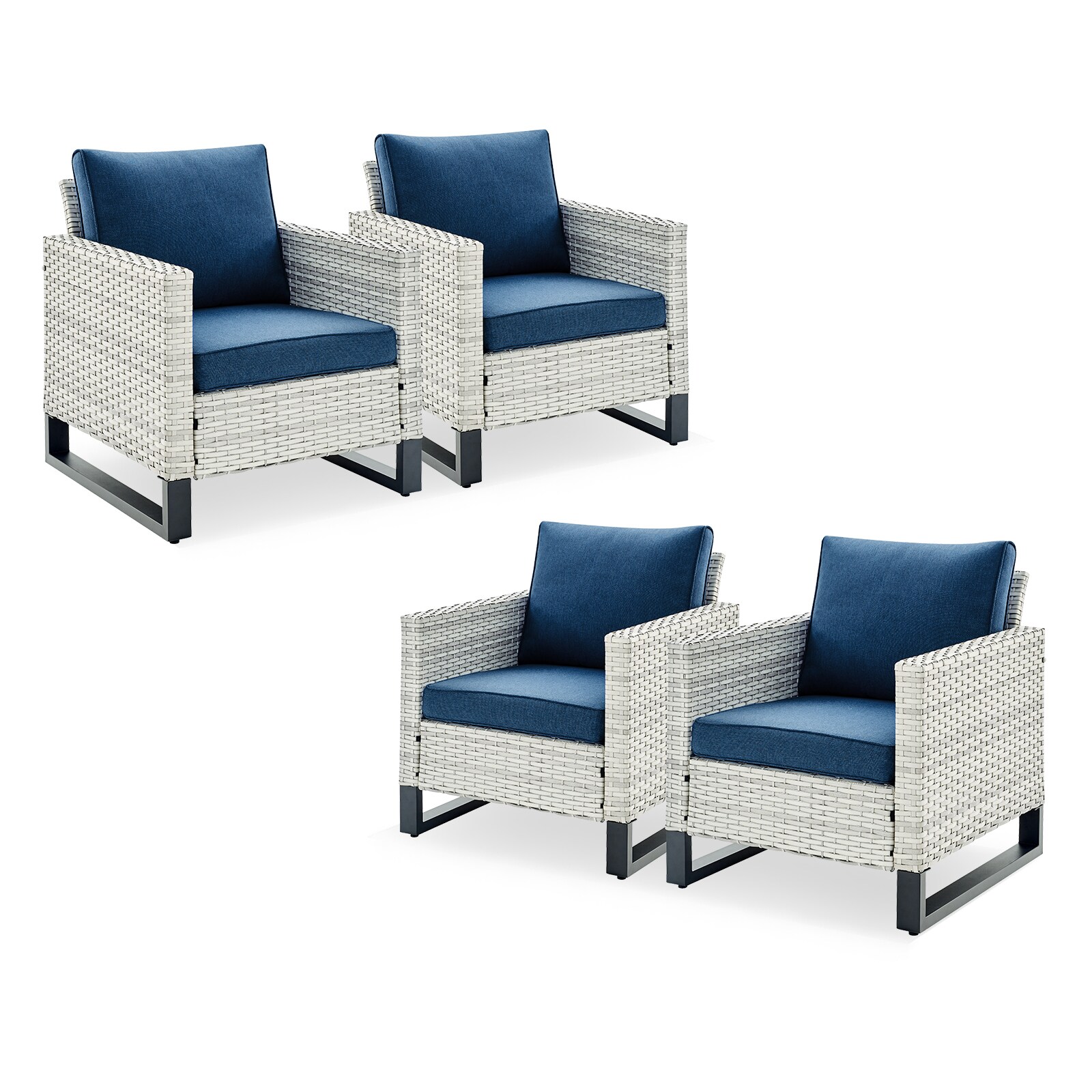 Rilyson FS083X2-2NB U-Feet Set of 4 Wicker Light Beige Wicker Frame Stationary Conversation Chair with Navy Navy blue Cushioned Seat
