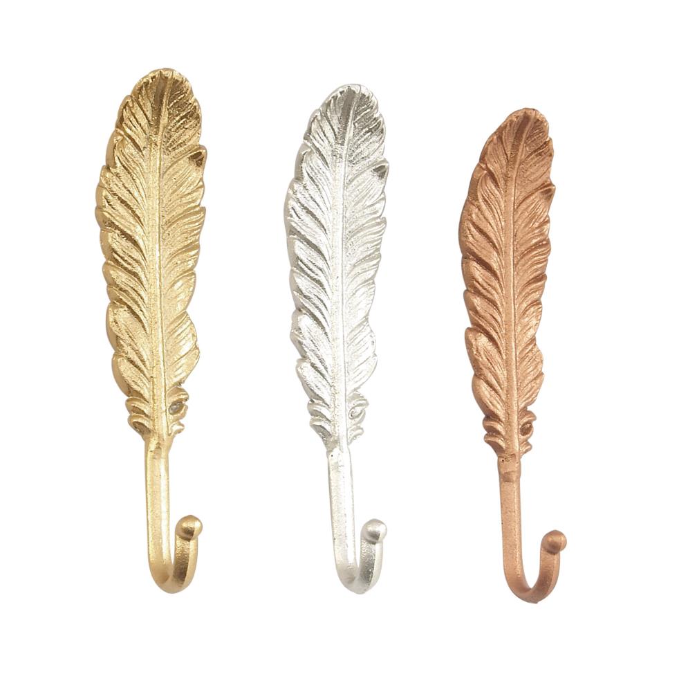 CosmoLiving by Cosmopolitan Metallic Gold Silver and Bronze Metal Feather  Sculpture Wall Hooks Wall DEcor Set of 3: 2” x 9” Each at