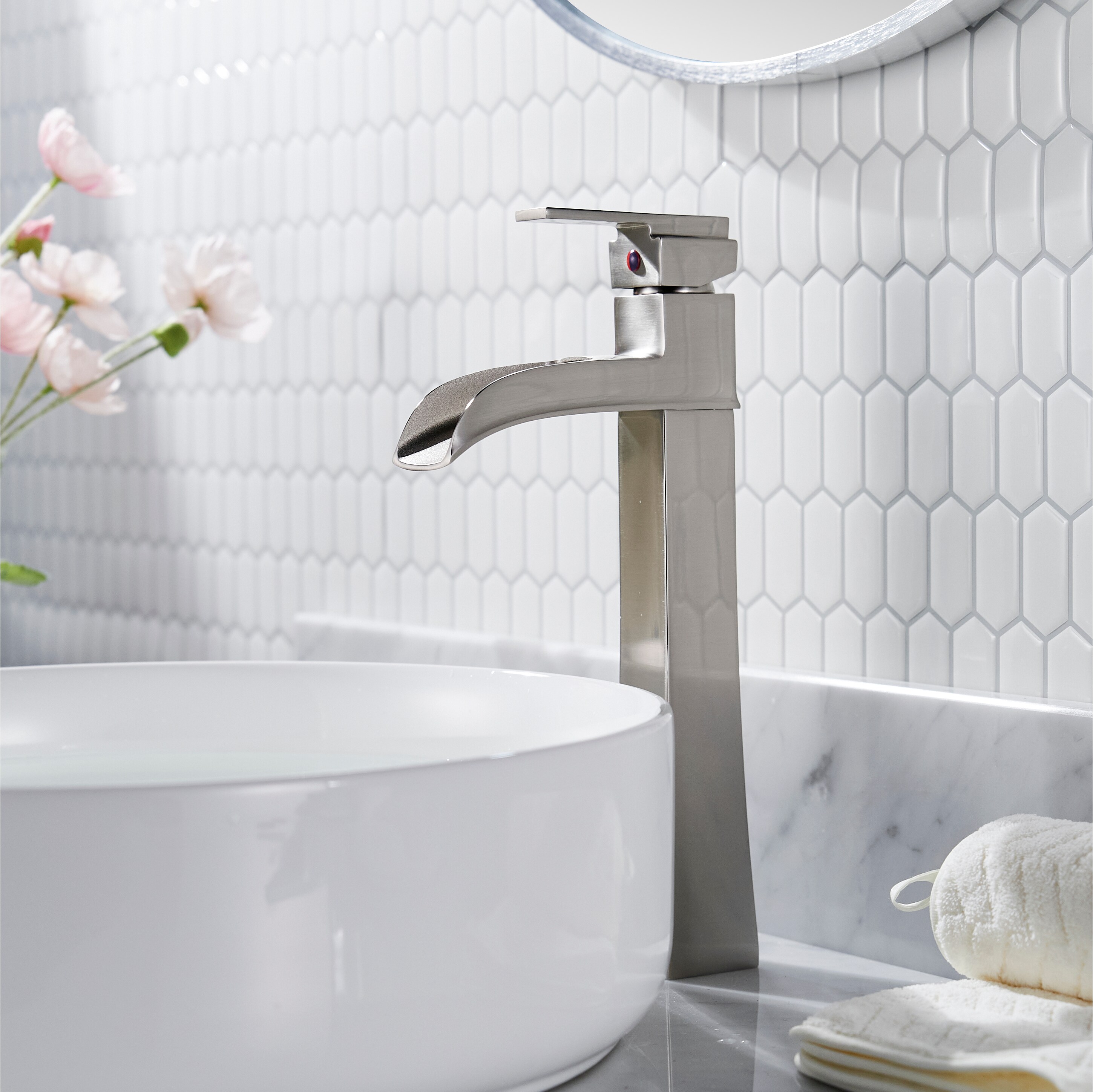 androme 39A51BN-H VESSEL Brushed Nickel Vessel 1-handle Waterfall Residential Handle Bathroom Sink Faucet with Drain