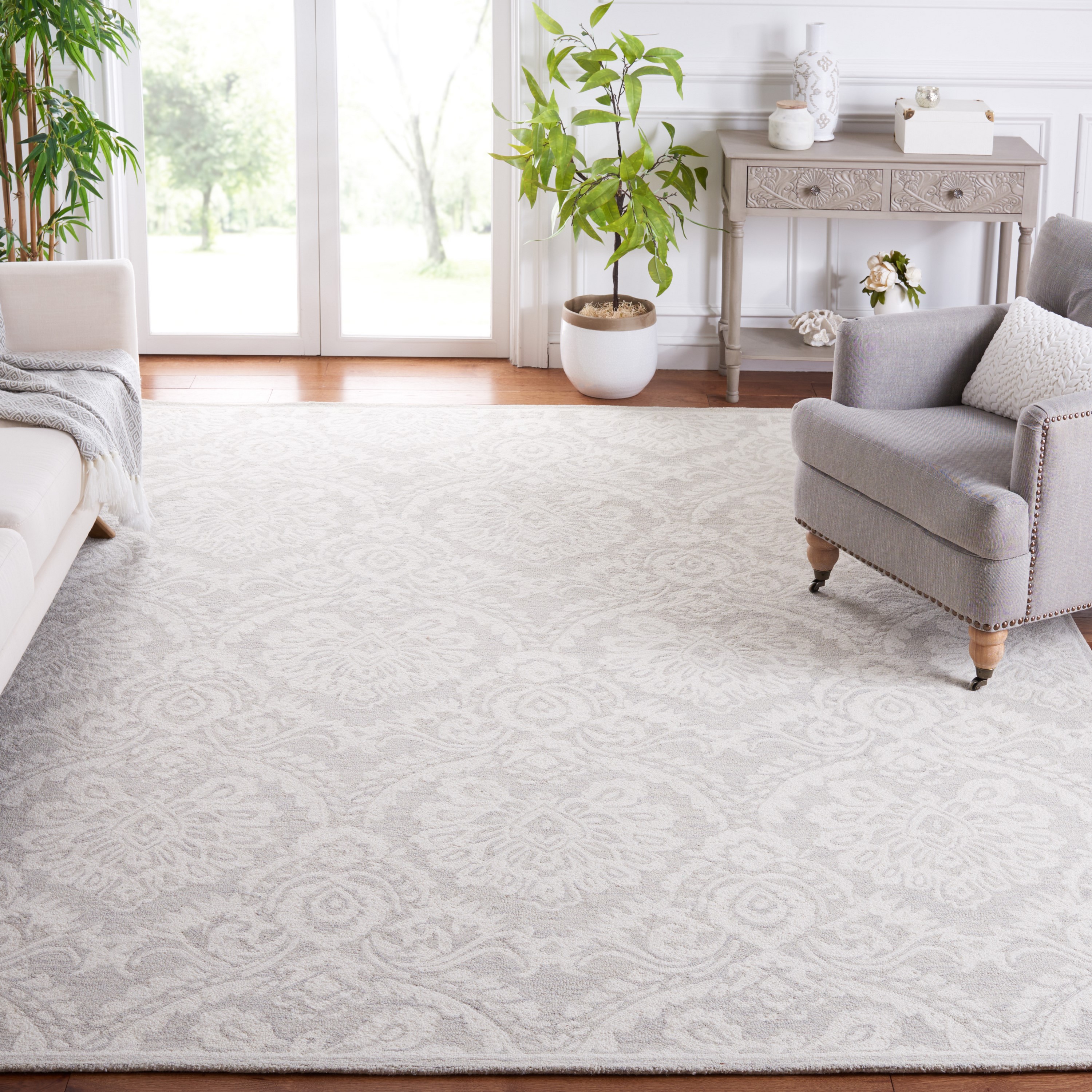 Safavieh BLM106G-8 Blossom Littie 8 x 10 (ft) Tufted Wool Silver/Ivory Rectangular Indoor Damask Area rug