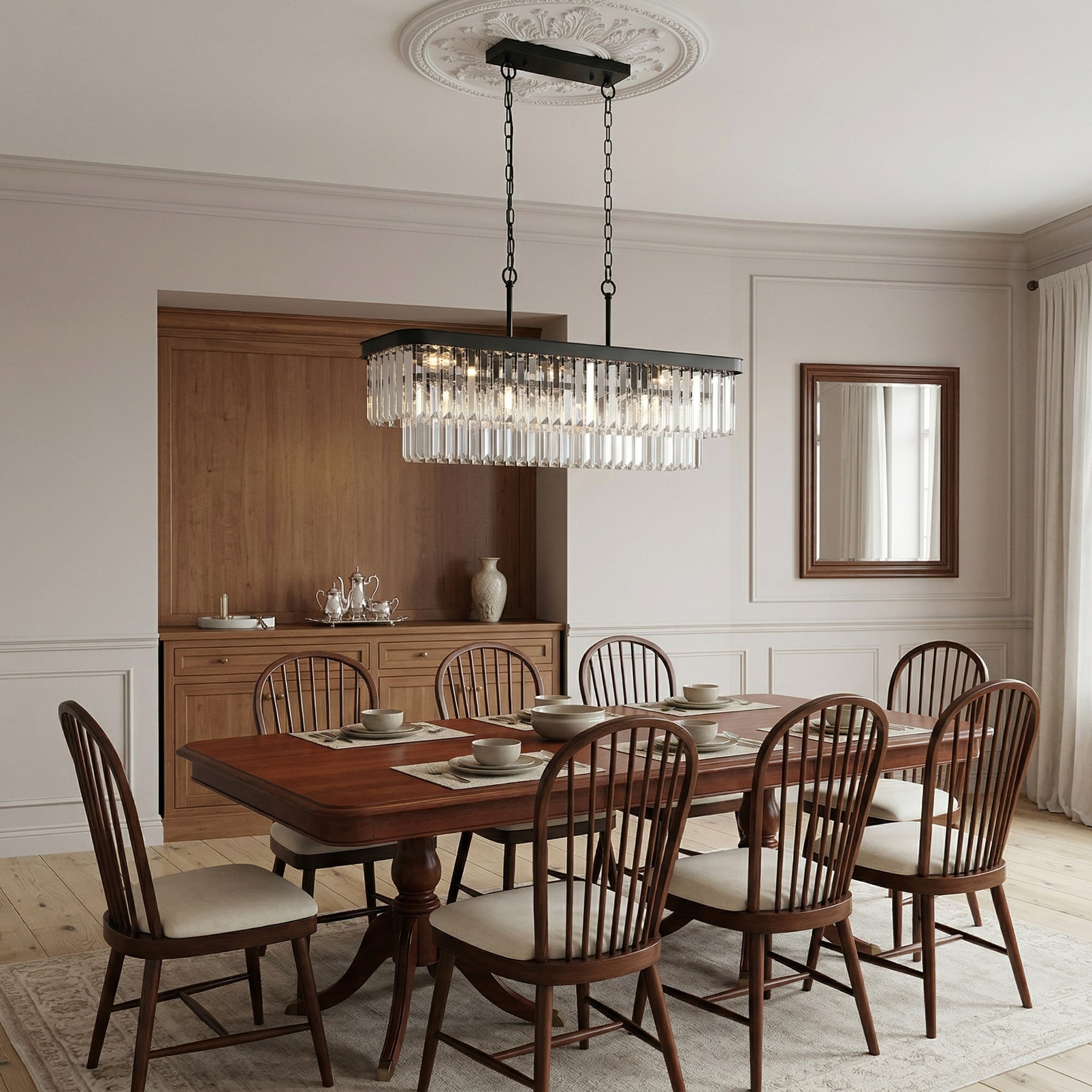 RCCFBHM 34-in Modern Industrial Black Rectangular Crystal Chandelier 11 Light Iron Ceiling Hanging Light