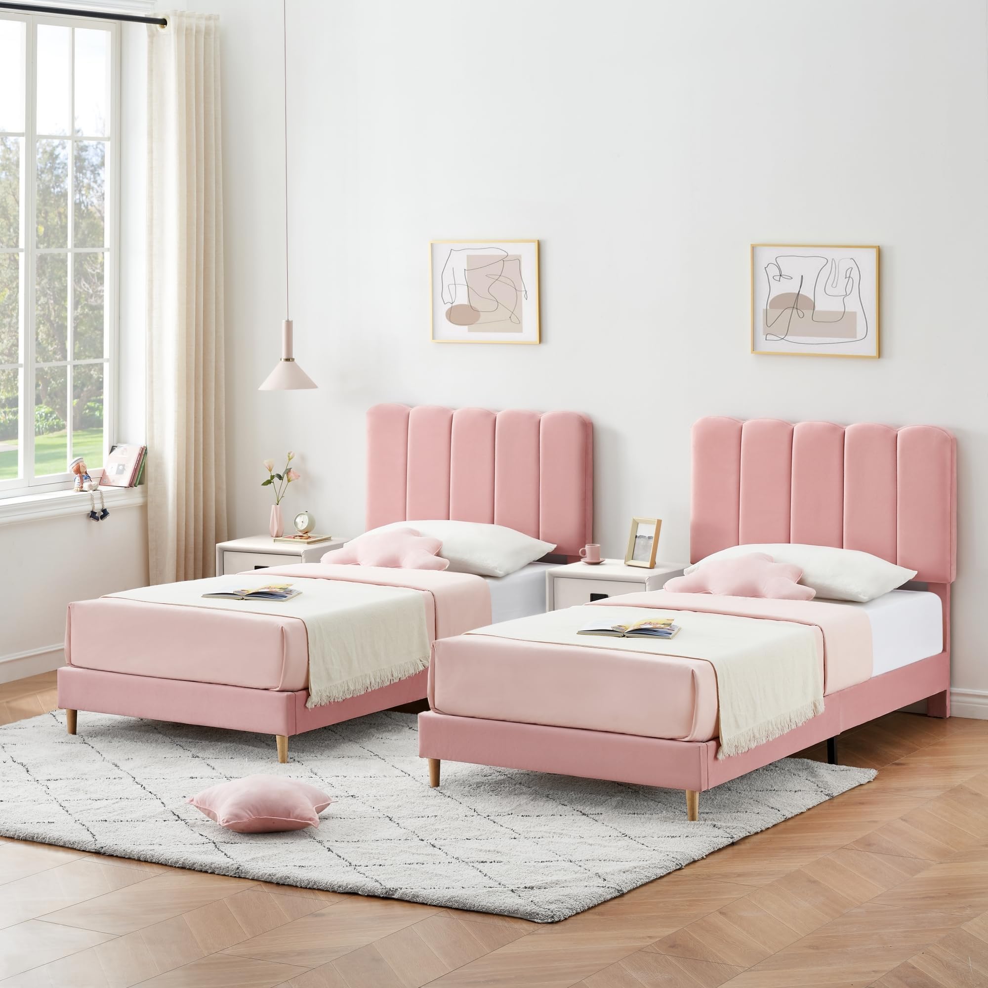 Garvee Pink Twin Size Soft Upholstered Platform Bed Frame Crystal ...