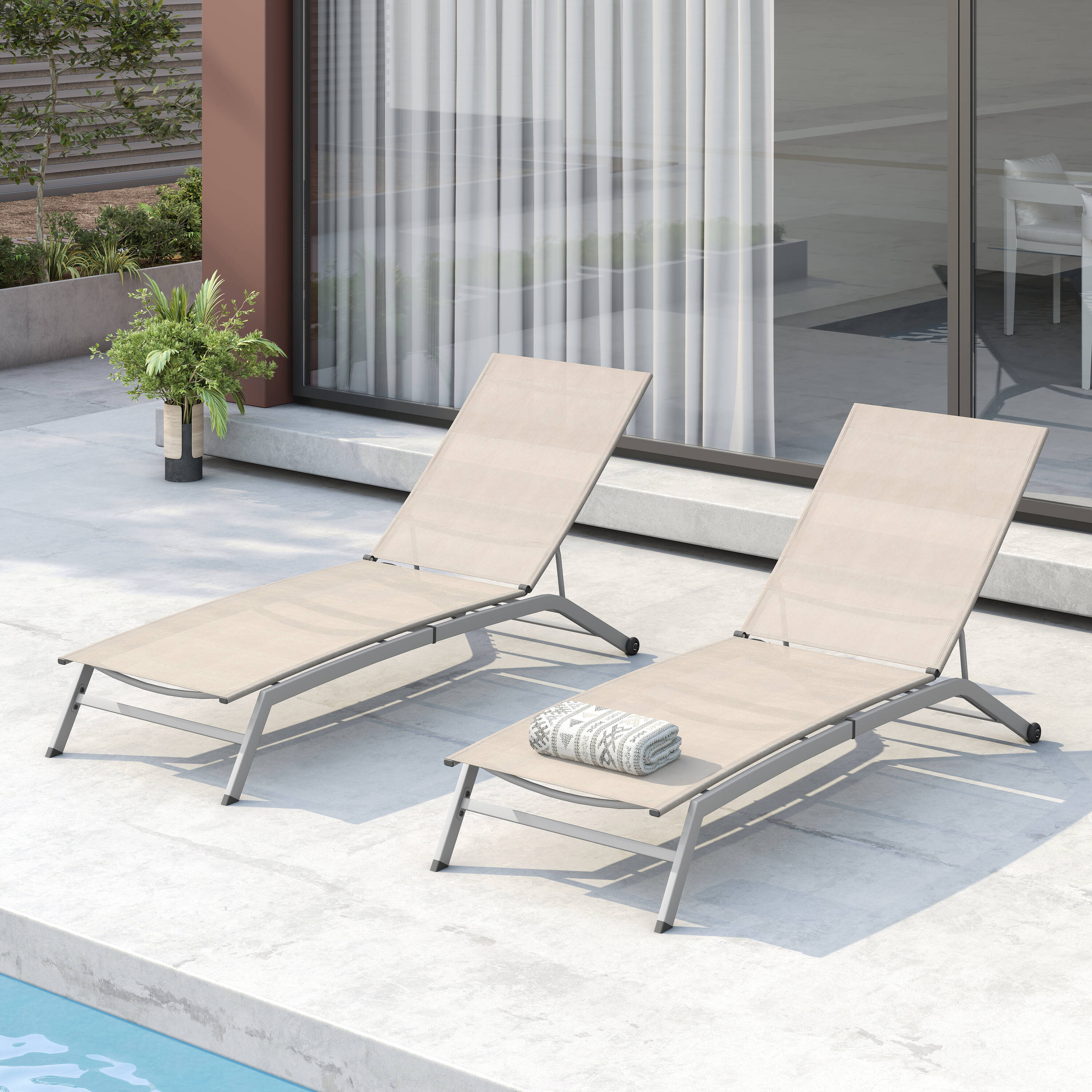 Octans SL2C00163 Set of 2 Stackable Grey Powder Coated Steel Frame Metal Frame Stationary Chaise Lounge Chair with Tan Mesh Seat