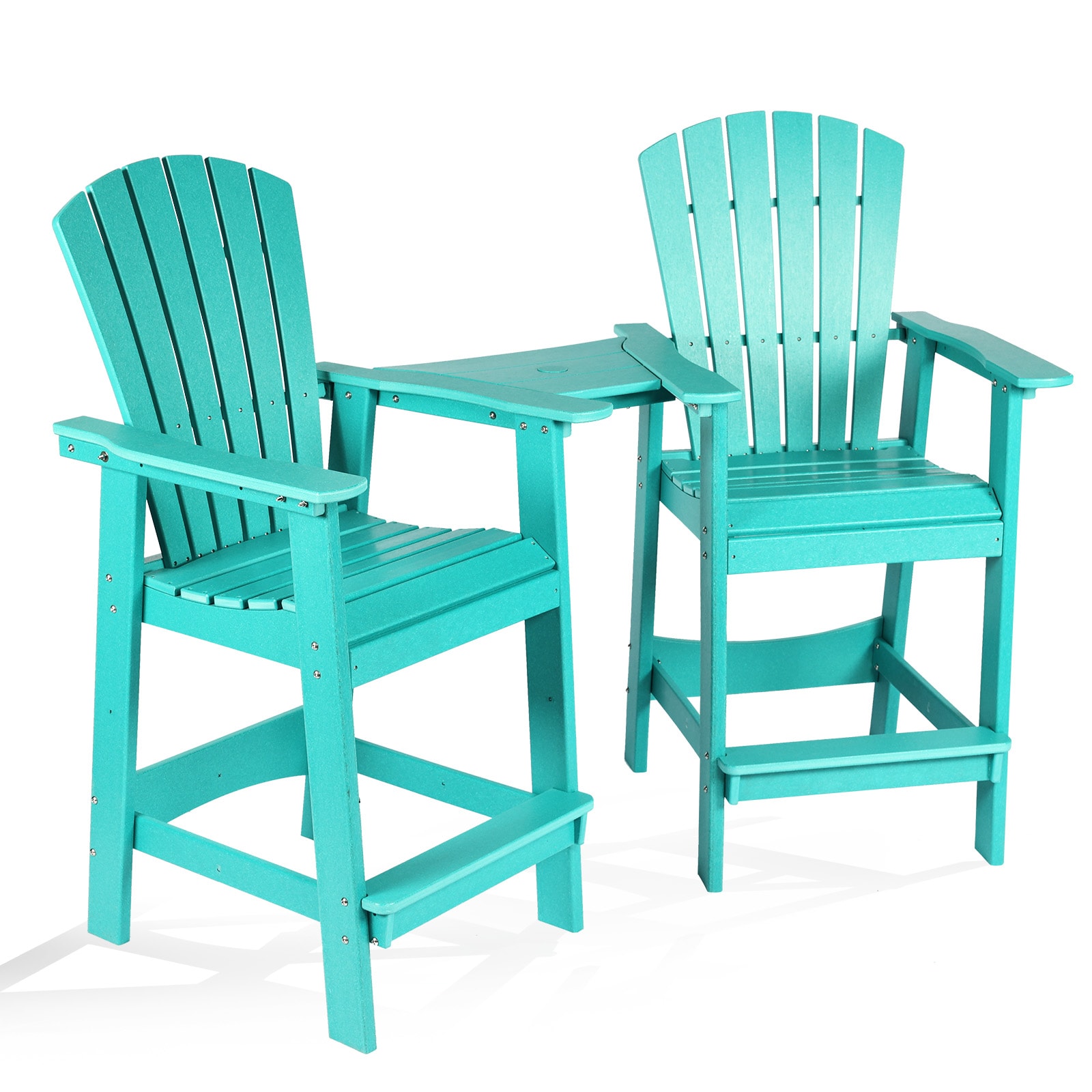 Aoodor A305-PLELE Tall adirondack Chair Set of 2 Tuoquoise HDPE Frame Stationary Adirondack Chair with Green Slat Seat