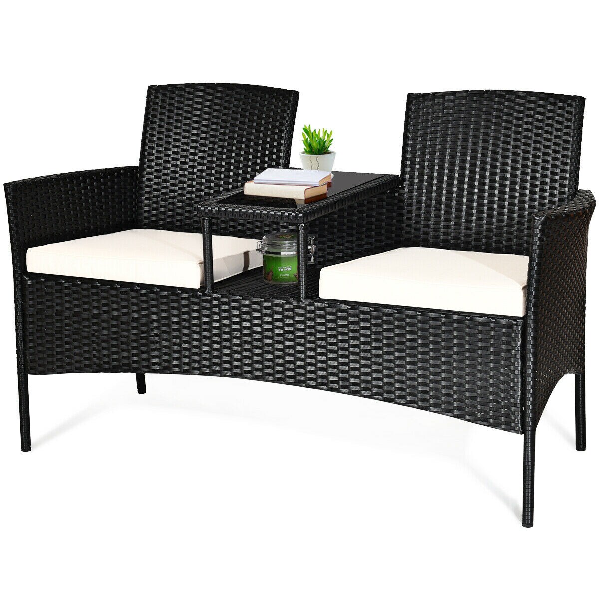 WELLFOR AY-34BE-CY Outdoor Black Rattan 2 Person Patio Conversation Set with Beige Cushions and Built-in Coffee Table