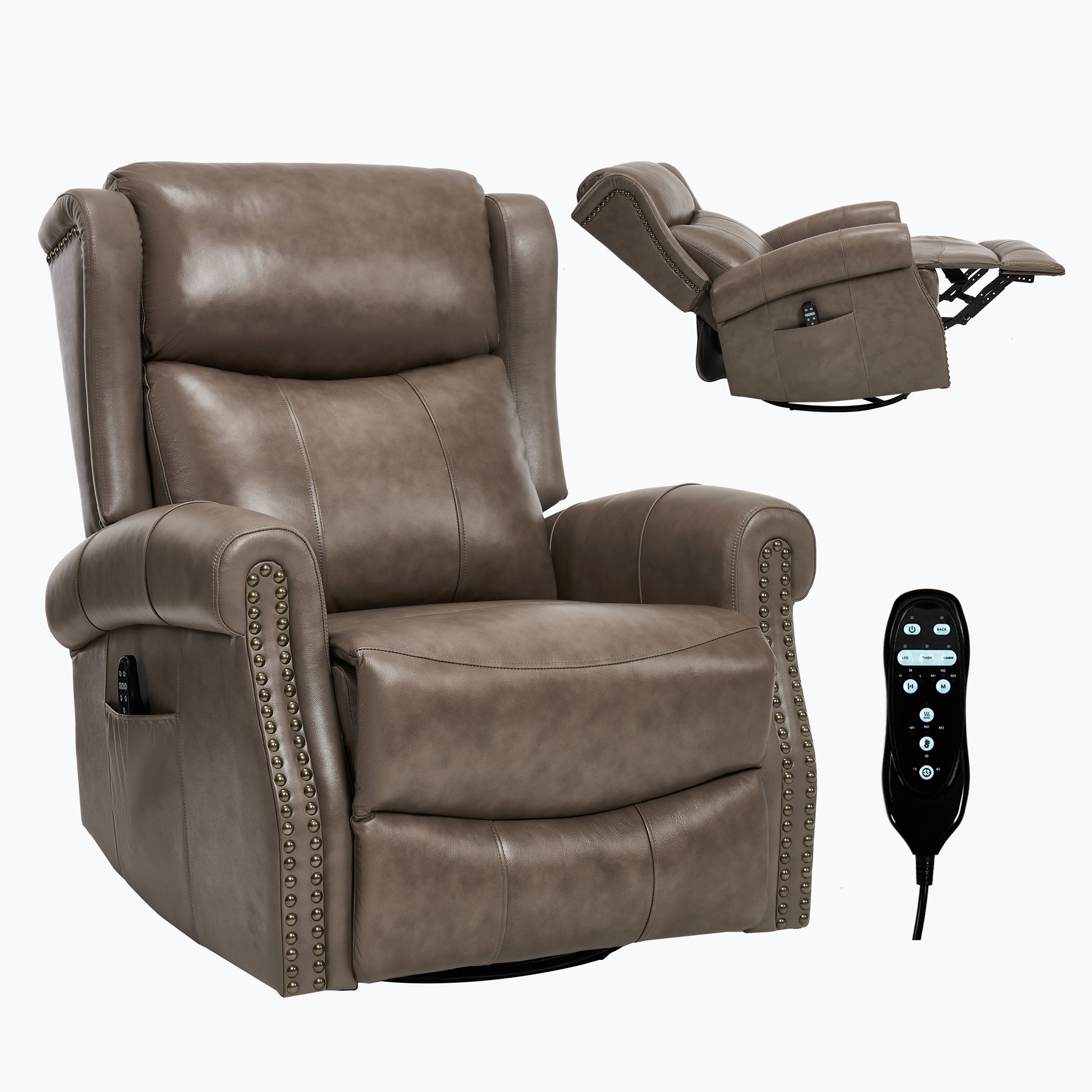 Boyel Living BL-CN463GY Gray Genuine leather Heat Massage Manual Recliner Chair with Rocker and Swivel for Living Room