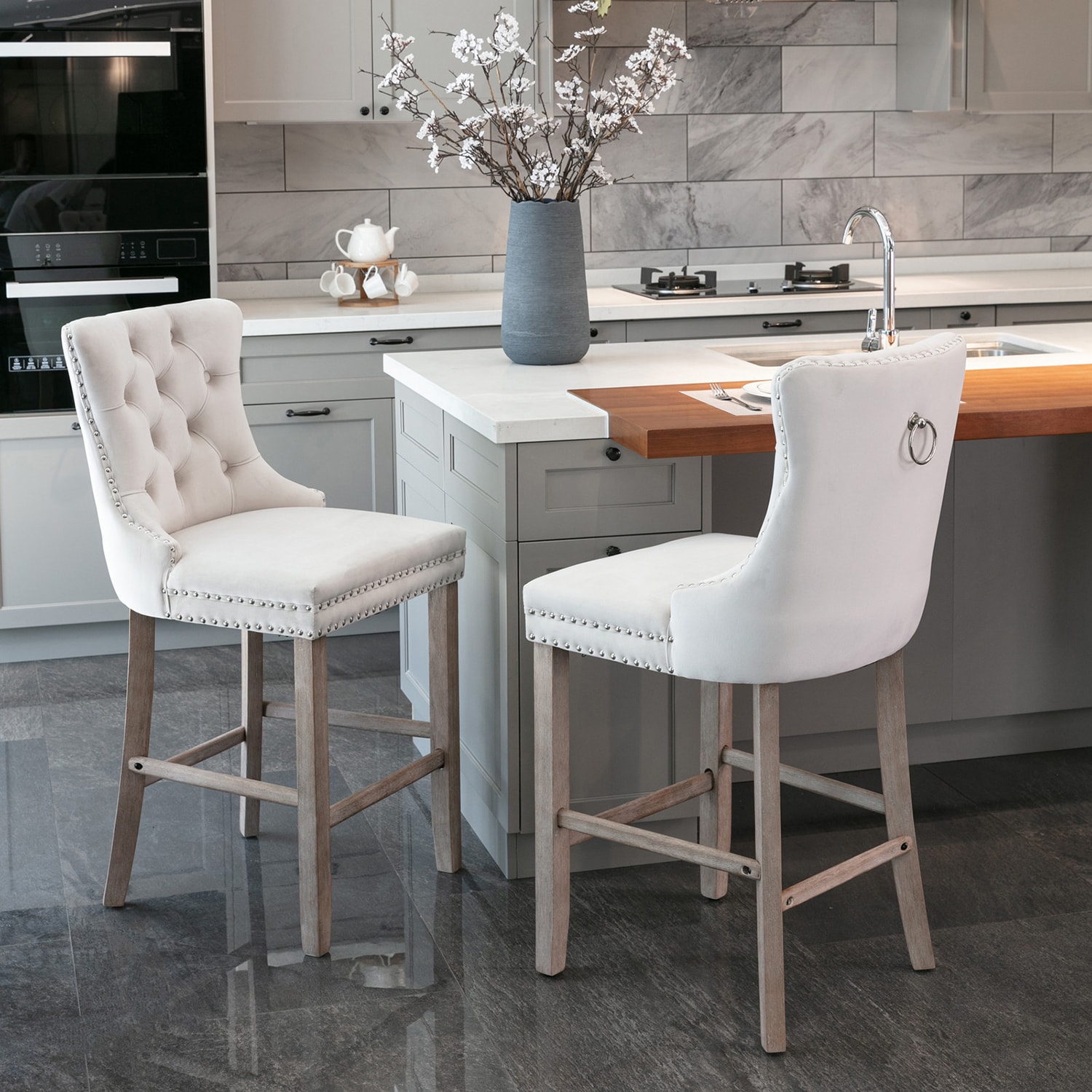 Mondawe MO-AA42345 2 -Set Beige 26.3-in H Counter height Square seat Upholstered Wood Bar Stool and Back