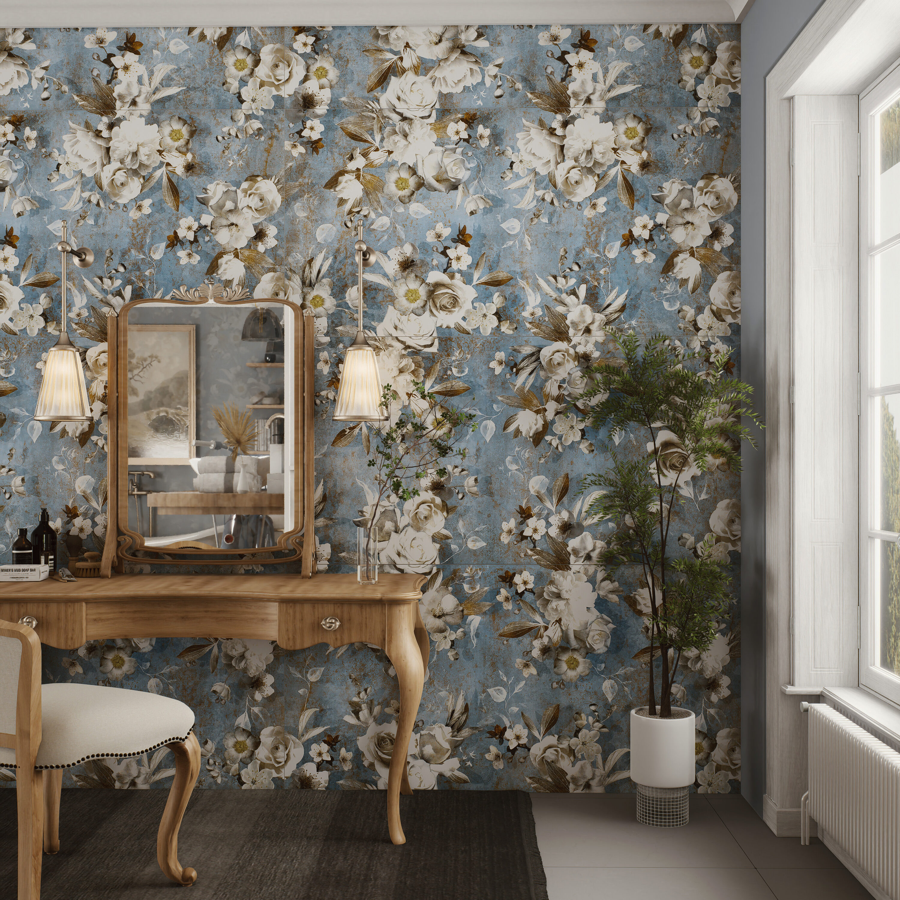 Parete Setoso Large Blue and White Glazed Porcelain Floral Tile