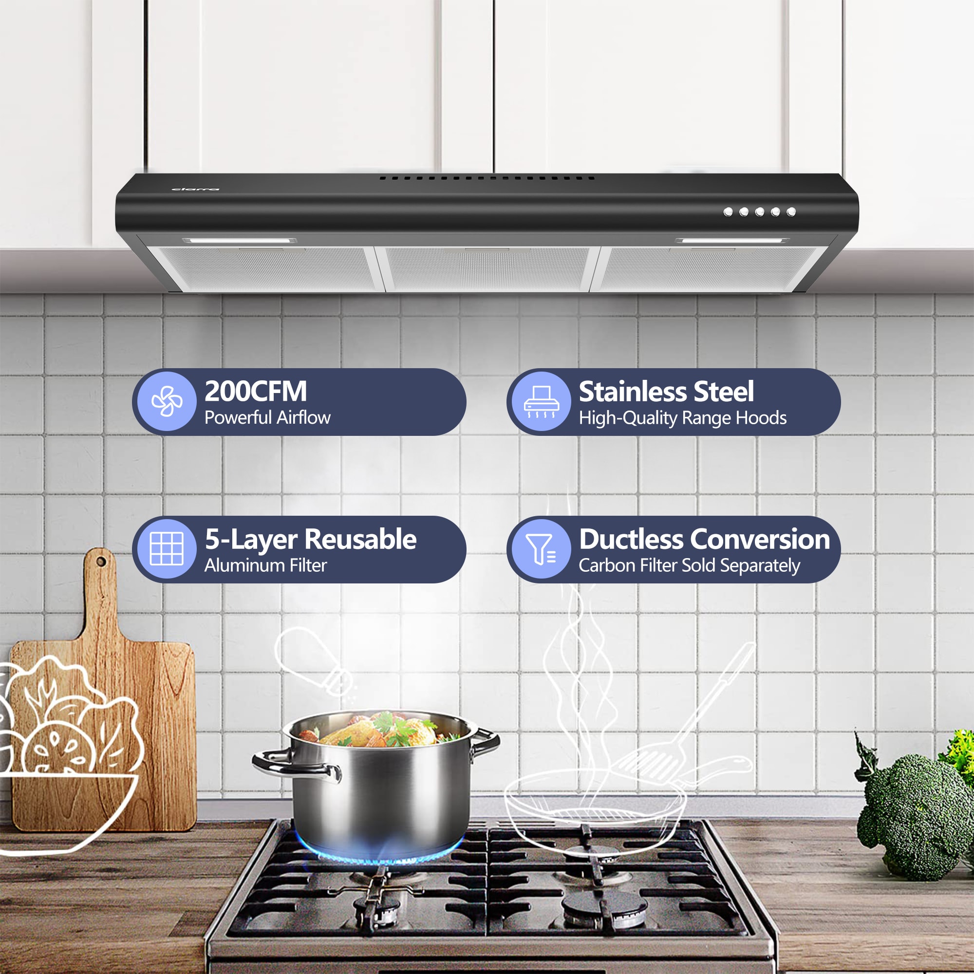 Jeremy Cass 30-in Convertible 200-CFM Black Under Cabinet Range Hood ...