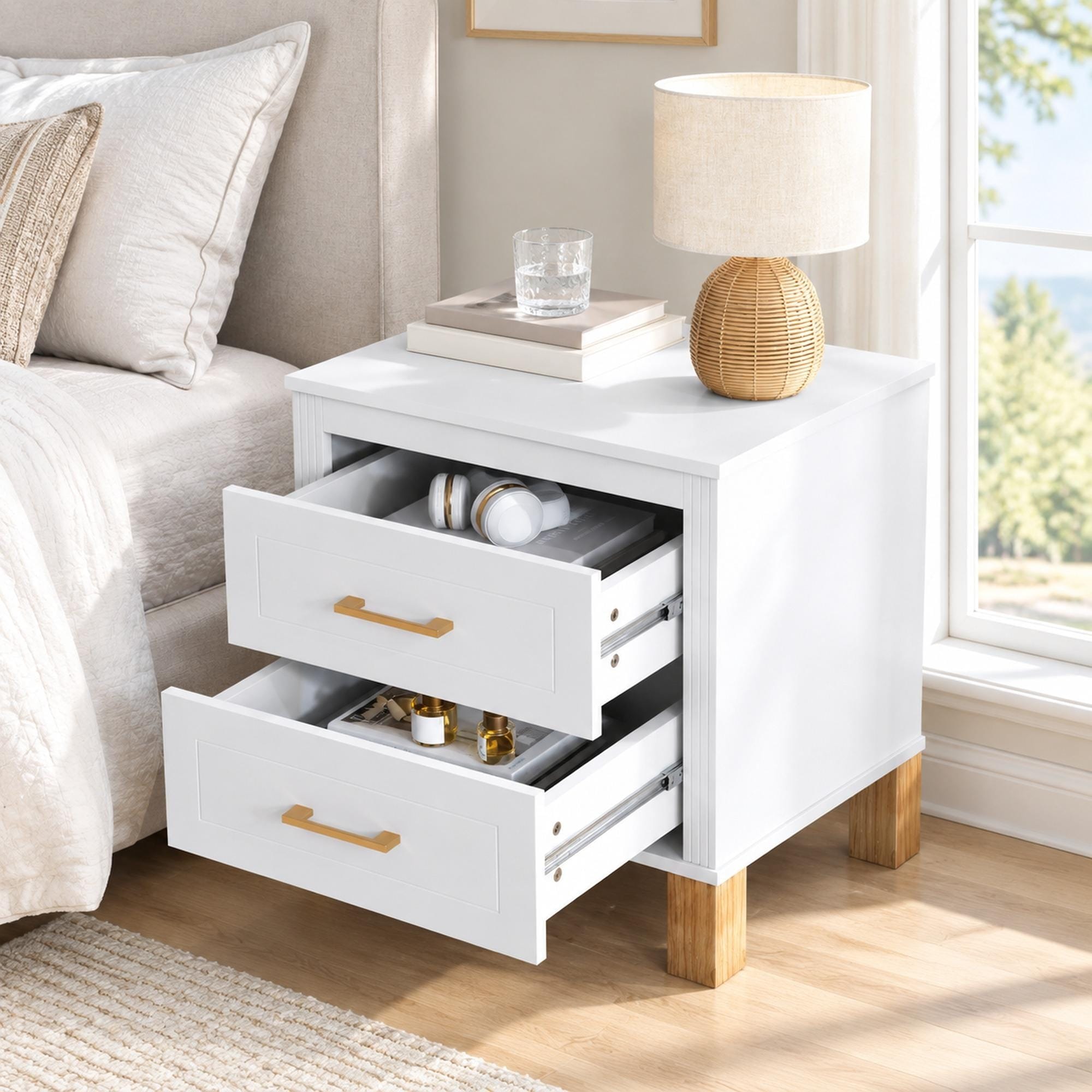 TEINIE White Tall 2 Drawer Nightstand with Fluted Side Panels Bedside ...
