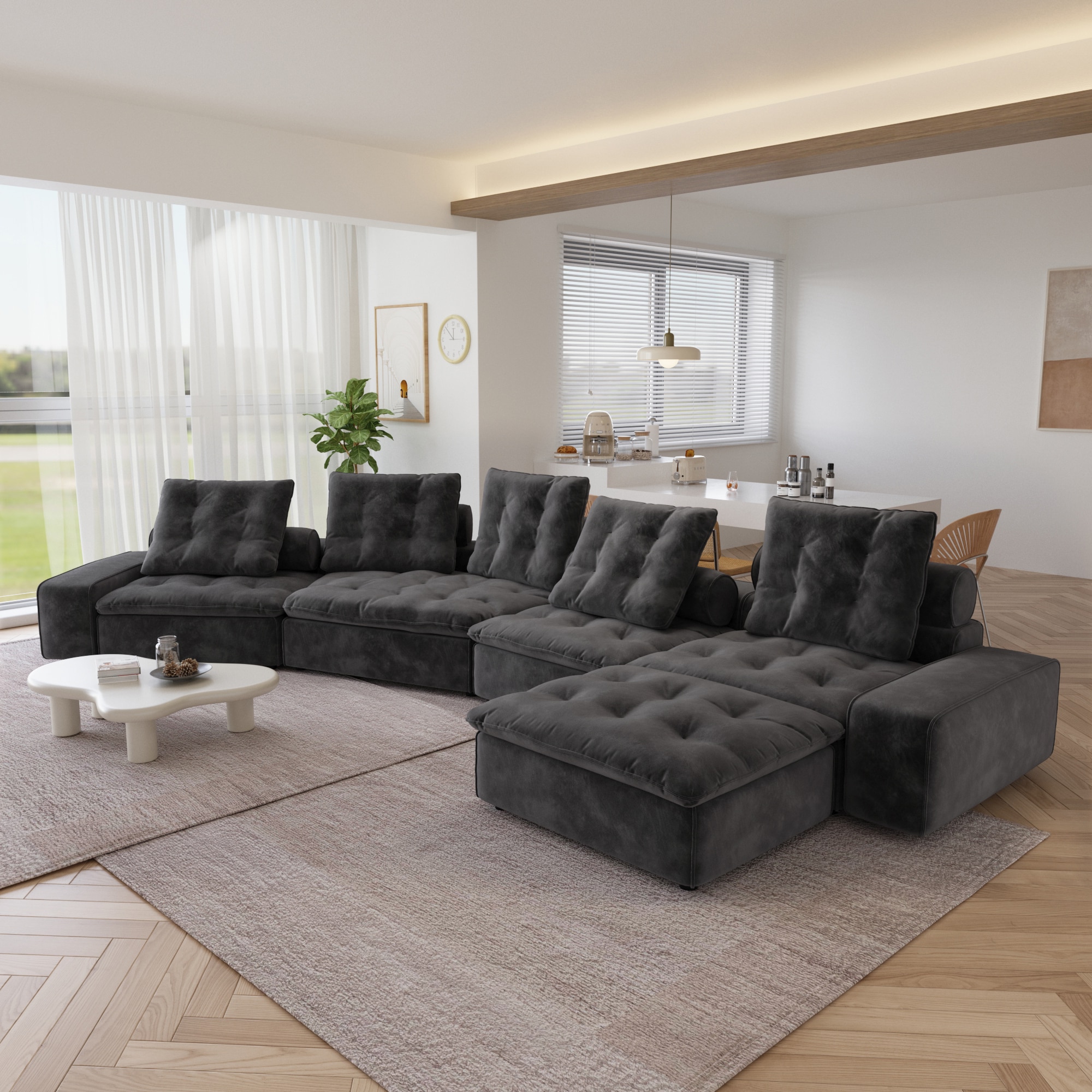 BuotiqHom DH-CF4+1-136GY 175-in Modern Gray Velvet 5 -seater Sectional