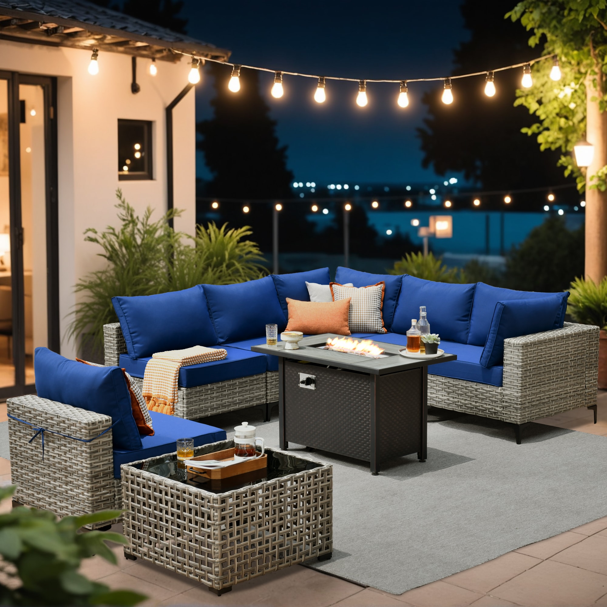 XIZZI XISKT704-IFP Amber 8 -Piece Rattan Patio Sofa Conversation Set with Navy Cushions
