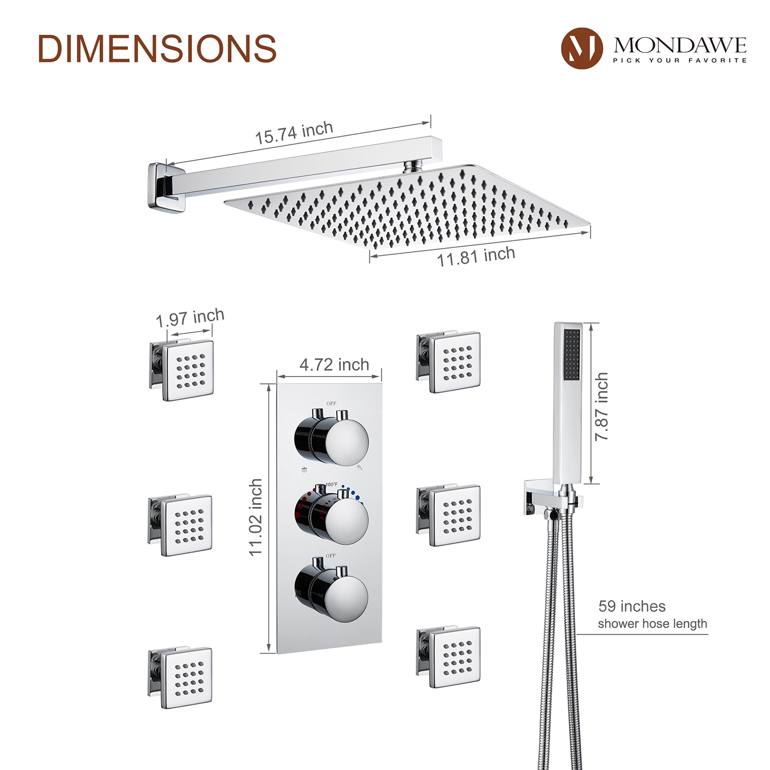 Mondawe WF6001-12CH Showerhead-Bar-Panels - View #11