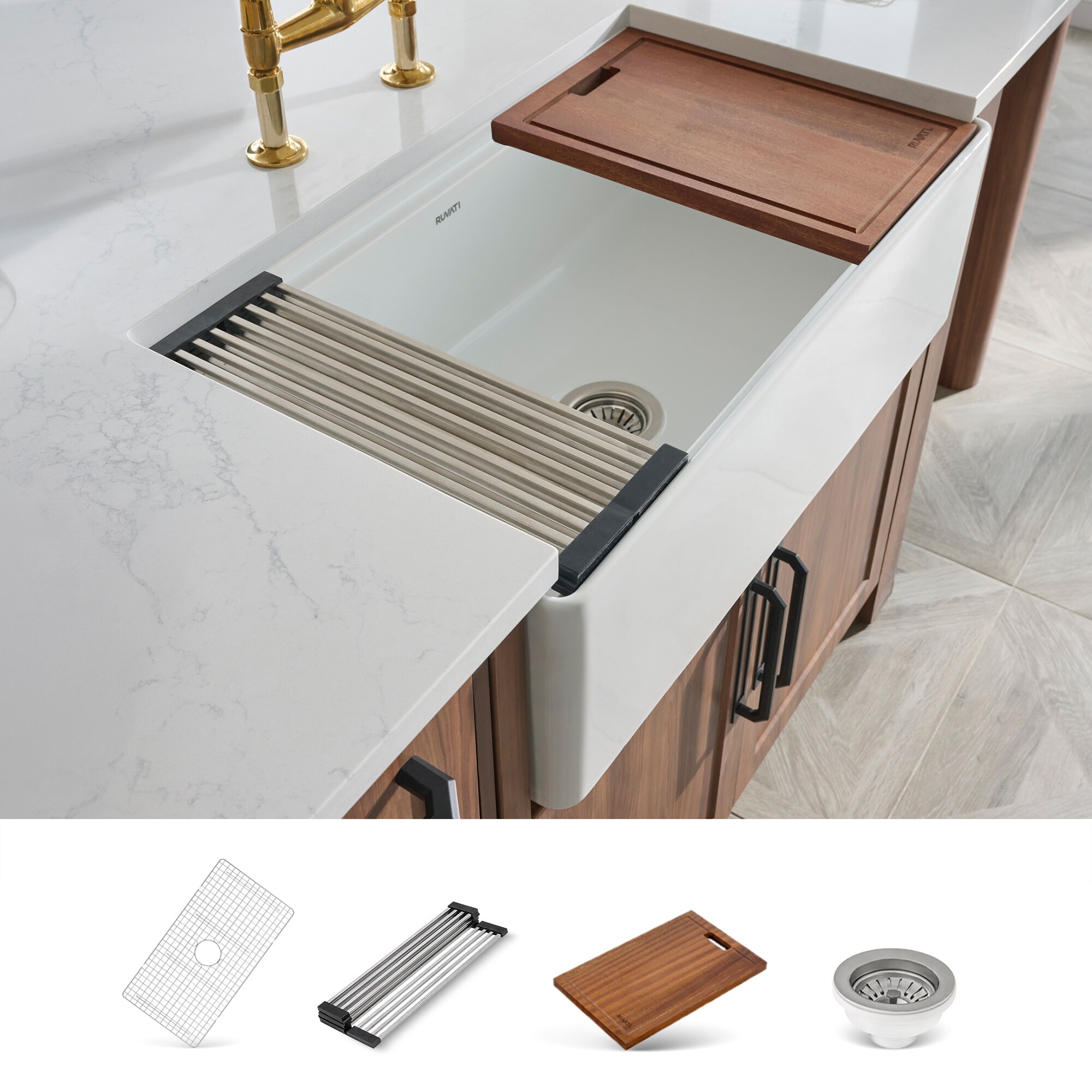 Ruvati Farmhouse Apron Front 33-in x 18.37-in White Fireclay Single Bowl Workstation Kitchen Sink