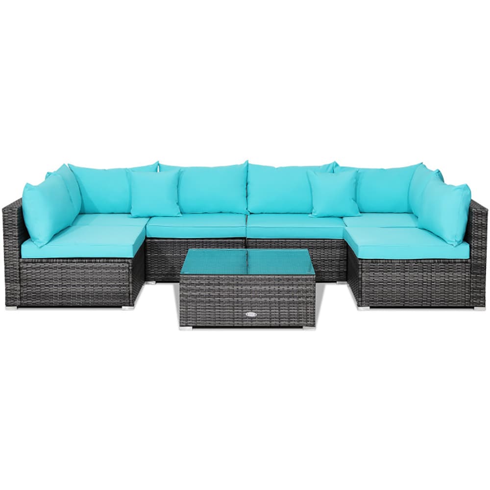 CASAINC WF-SM-KF-SF325GY 7 -Piece Rattan Patio Conversation Set with Blue Cushions