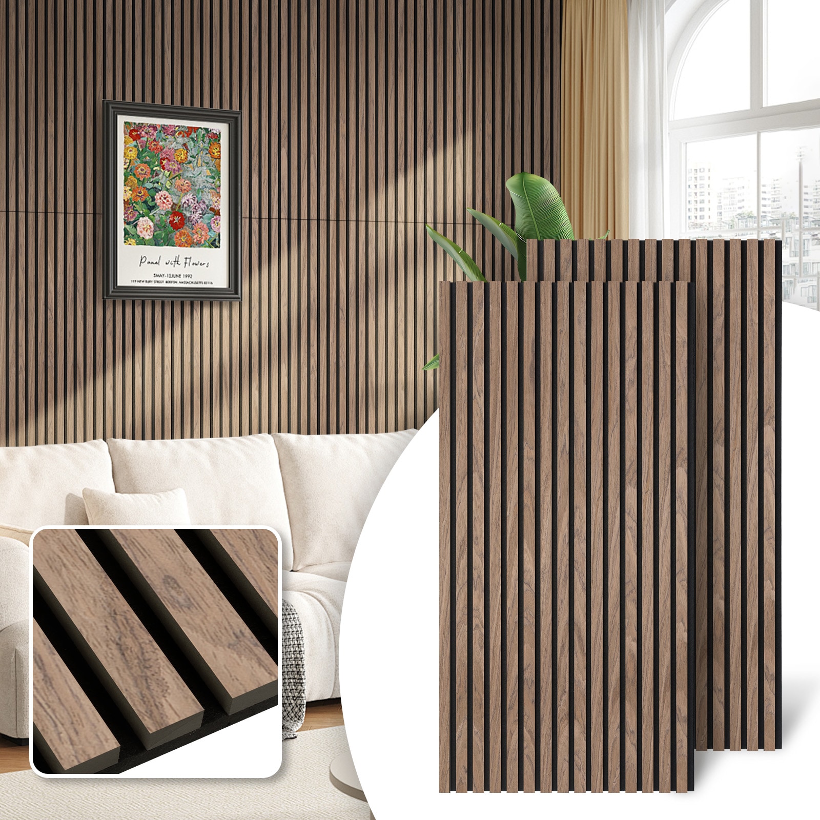 Belffin 2PCS Acoustic Wood Slat Wall Panels 3D Fluted Sound Absorbing Panel for Interior Decoration-Walnut