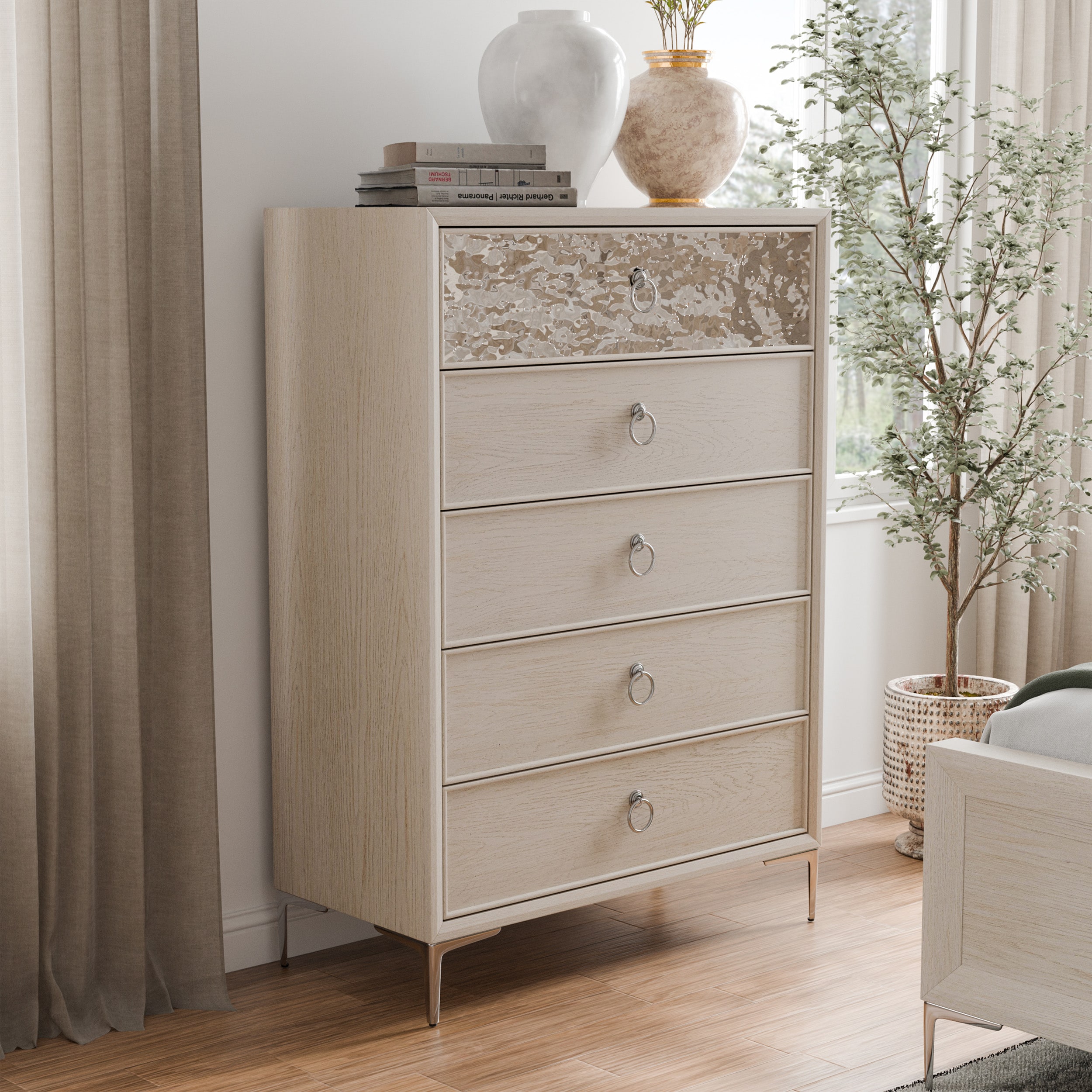 Furniture of America IDF-79008NT-C Jolt Natural Oak Rubberwood 5 -Drawer Standard chest