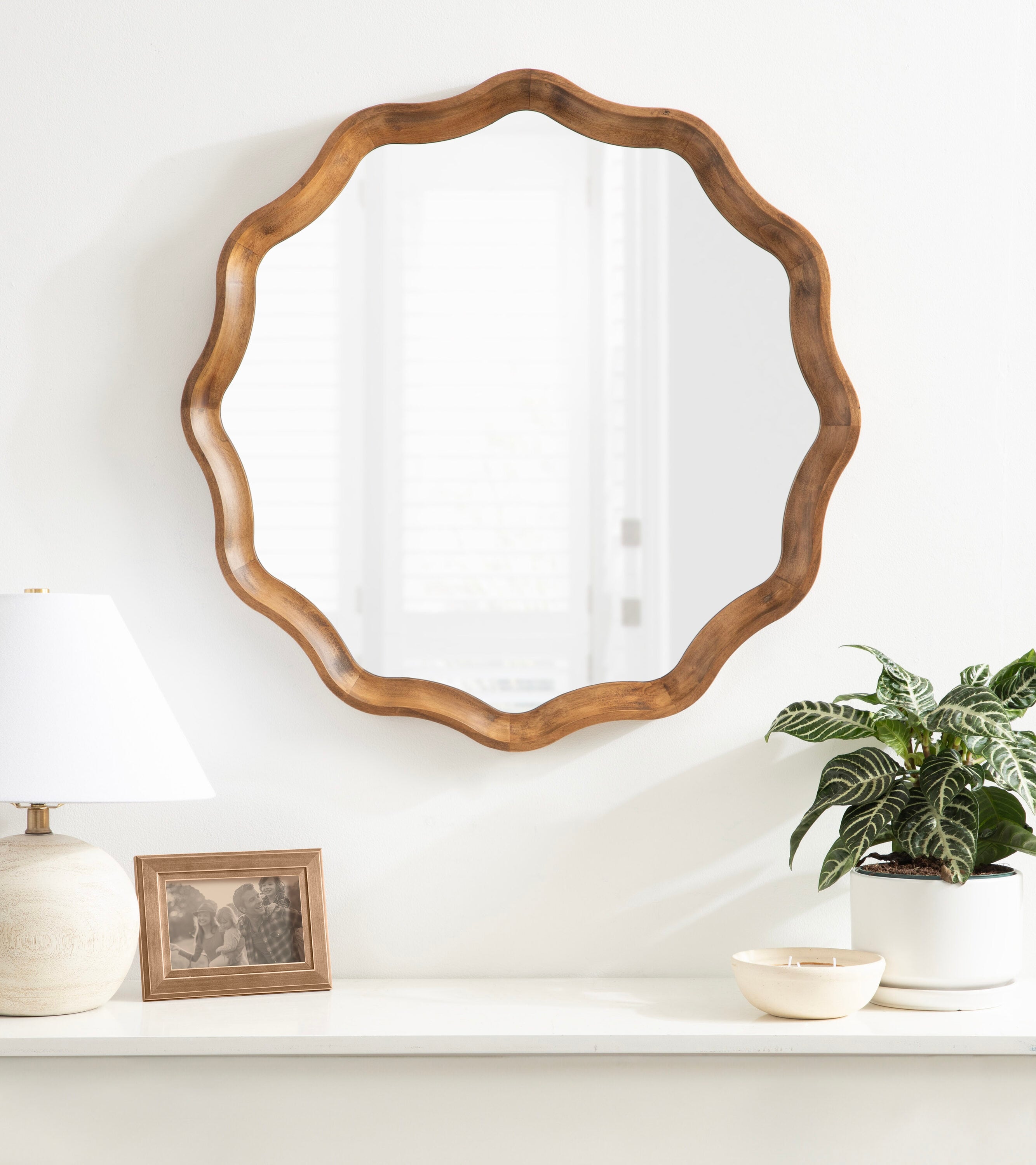 Hatherleigh 28" Rustic Brown Scalloped Round Wood Mirror