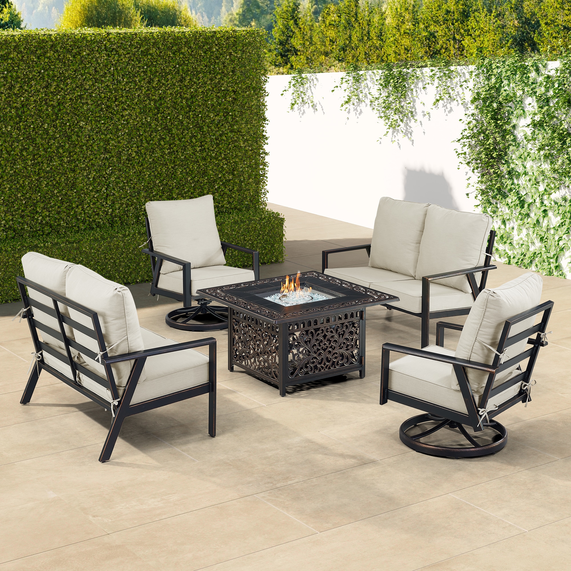 Oakland Living LUX2LS2CHMAYANLGCUA Fire Pit Table Set, Two Loveseats, Two Lounge Chairs and Wind Guard 18 -Piece Patio Conversation Set with Gray Cushions