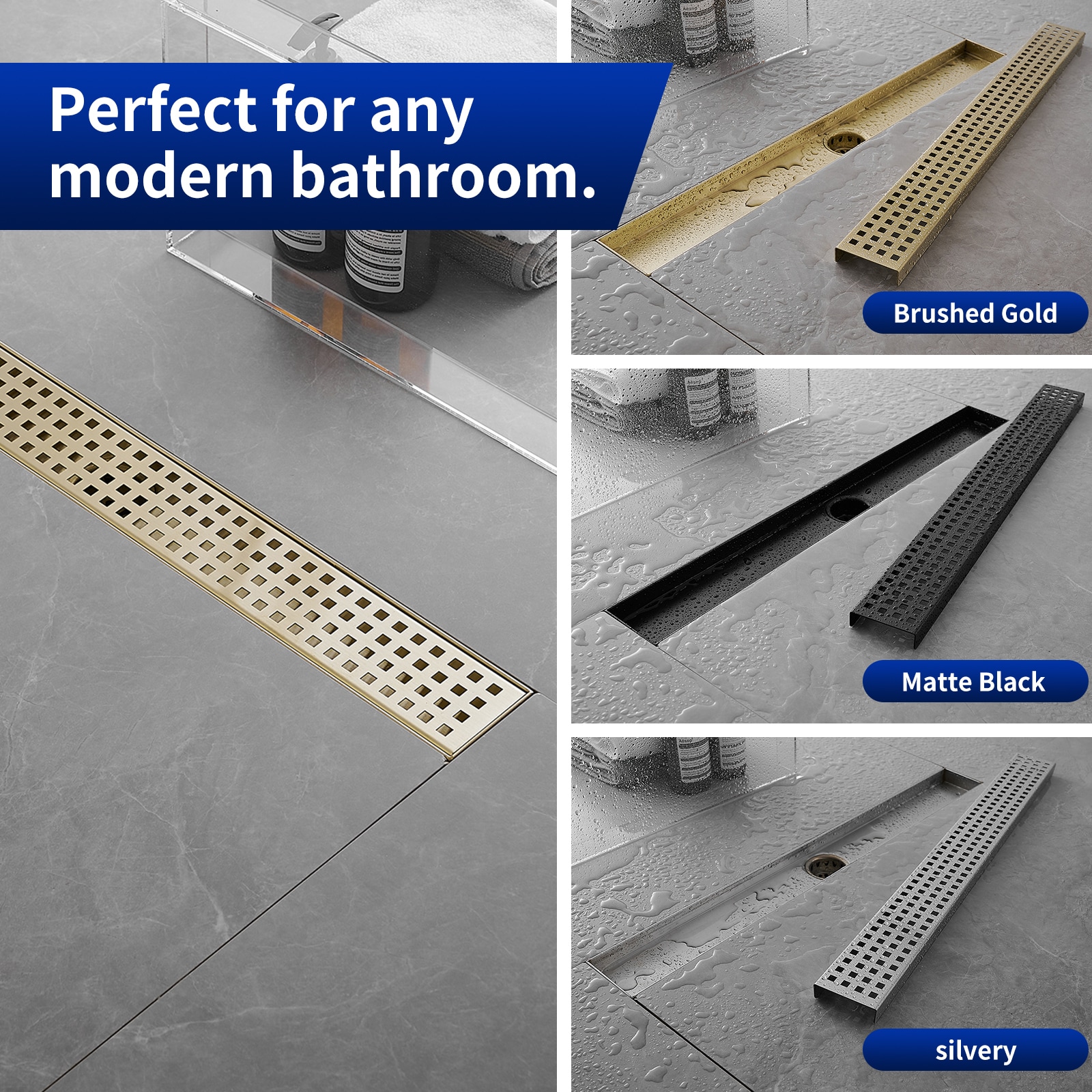 Brushed Gold 24-Inch Stainless Steel Linear Shower Drain with Square Pattern