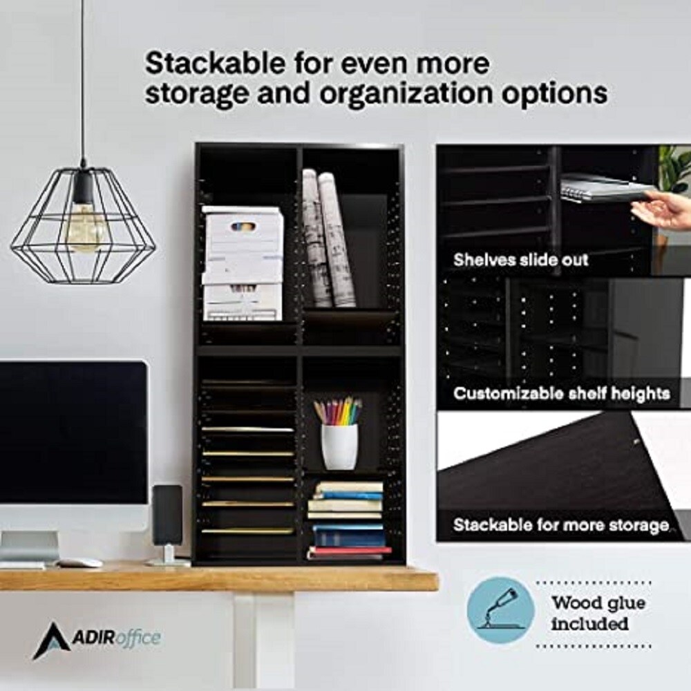 Black MDF 16-Compartment Adjustable File Organizer