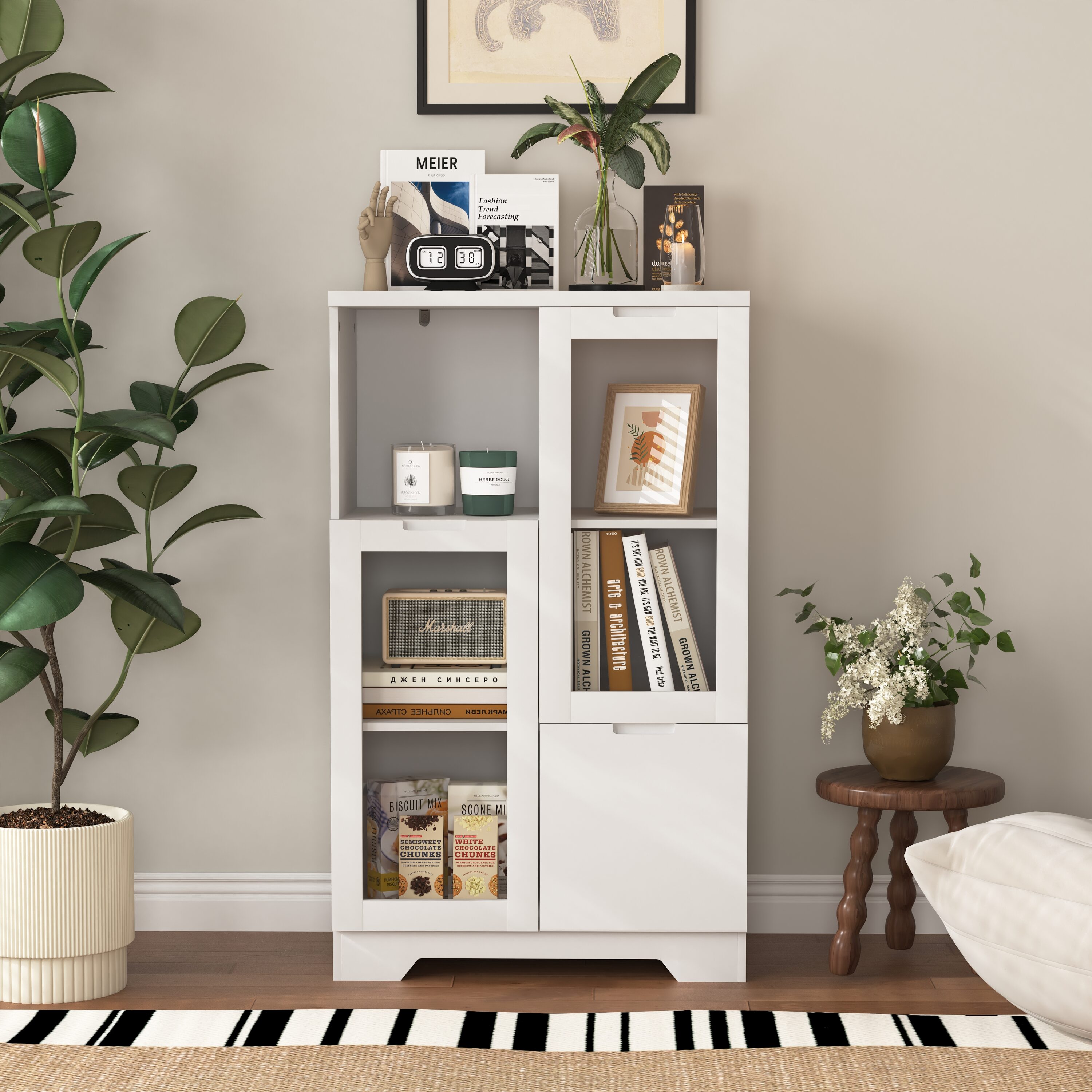 Beedesign  White MDF Painted Cabinet with Glass Doors Drawer and Open Storage Space for Bedroom Living Room