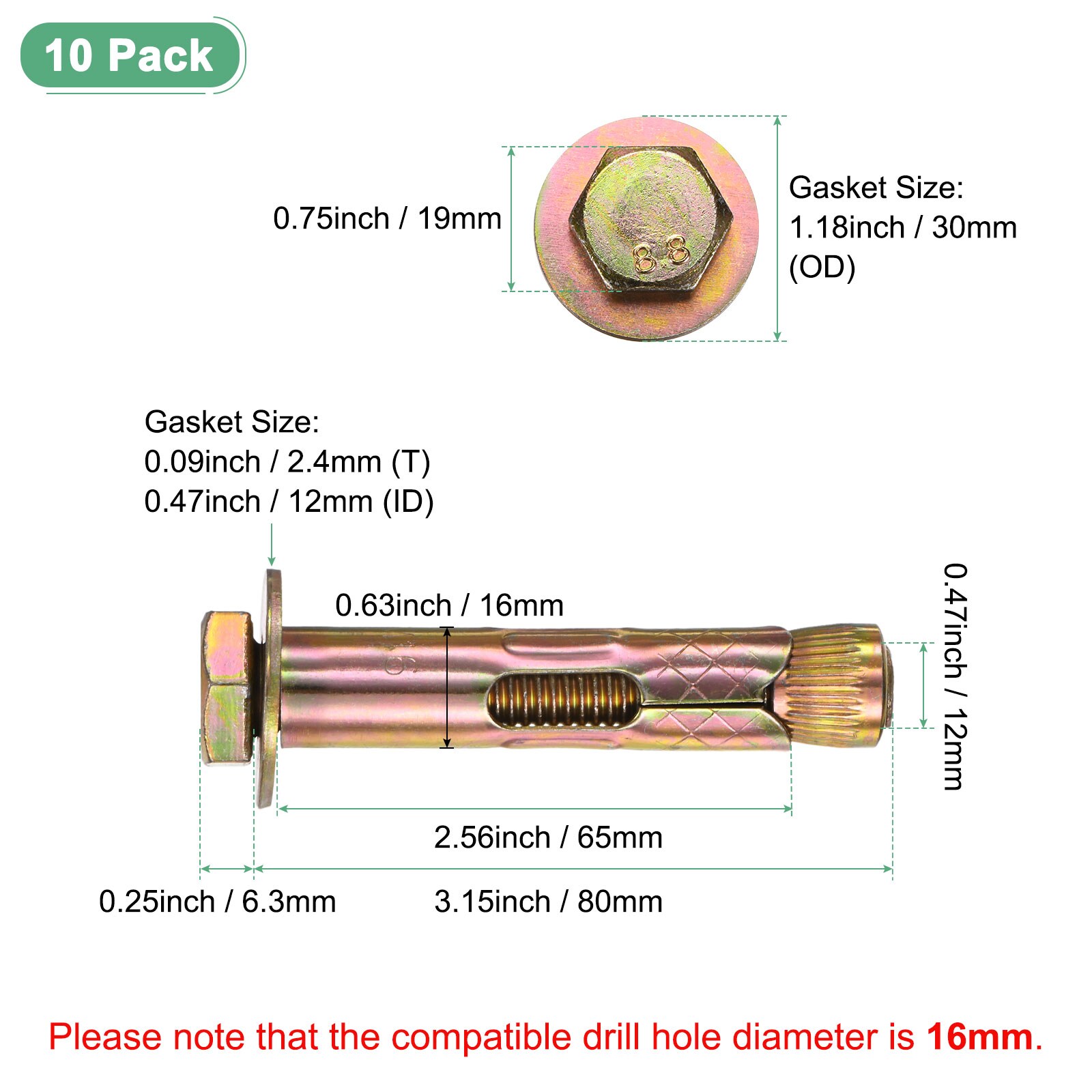 Unique Bargains 10-Pack External Hex Expansion Bolt M12x80mm Galvanized ...