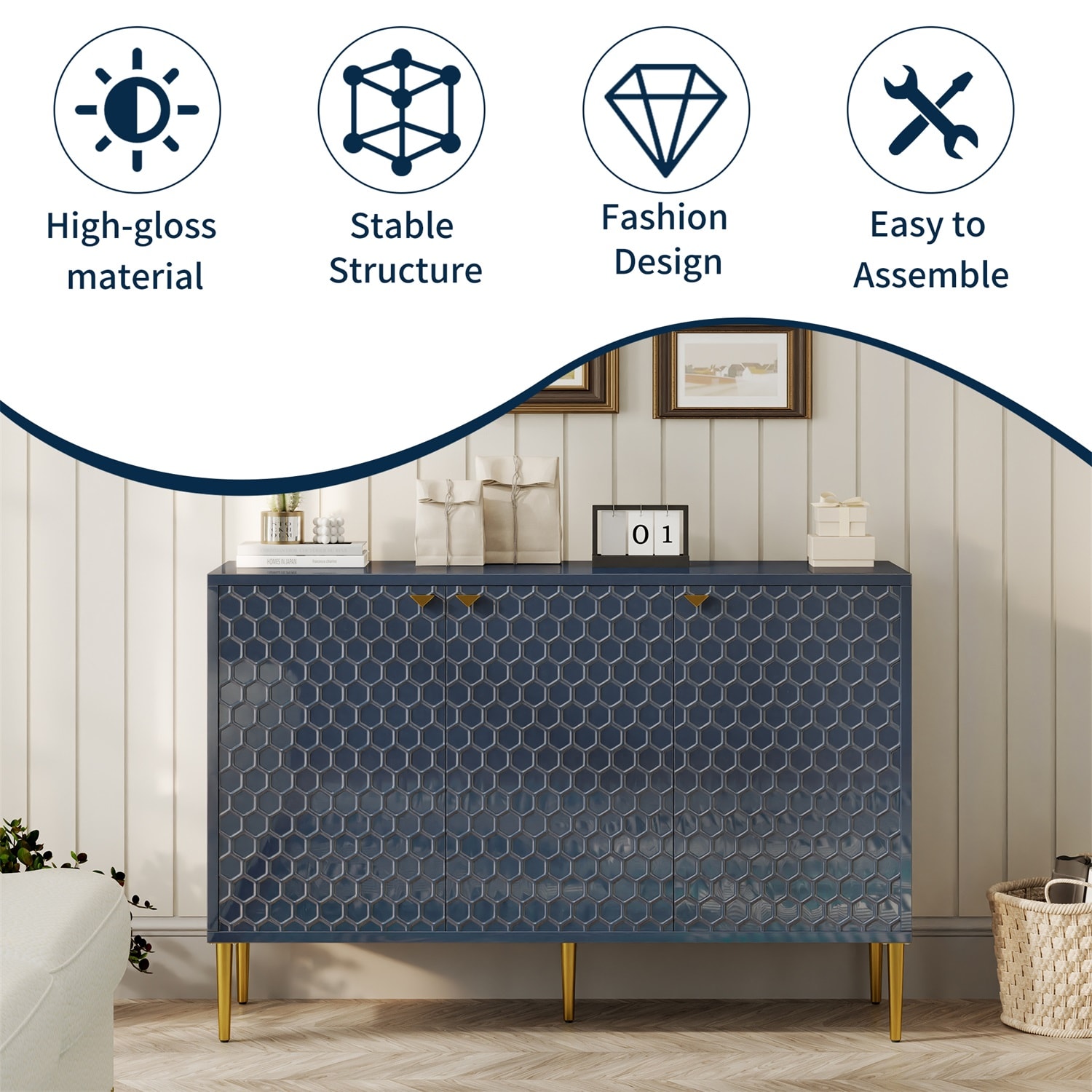 Blue Honeycomb Pattern MDF Office Cabinet with Adjustable Shelving