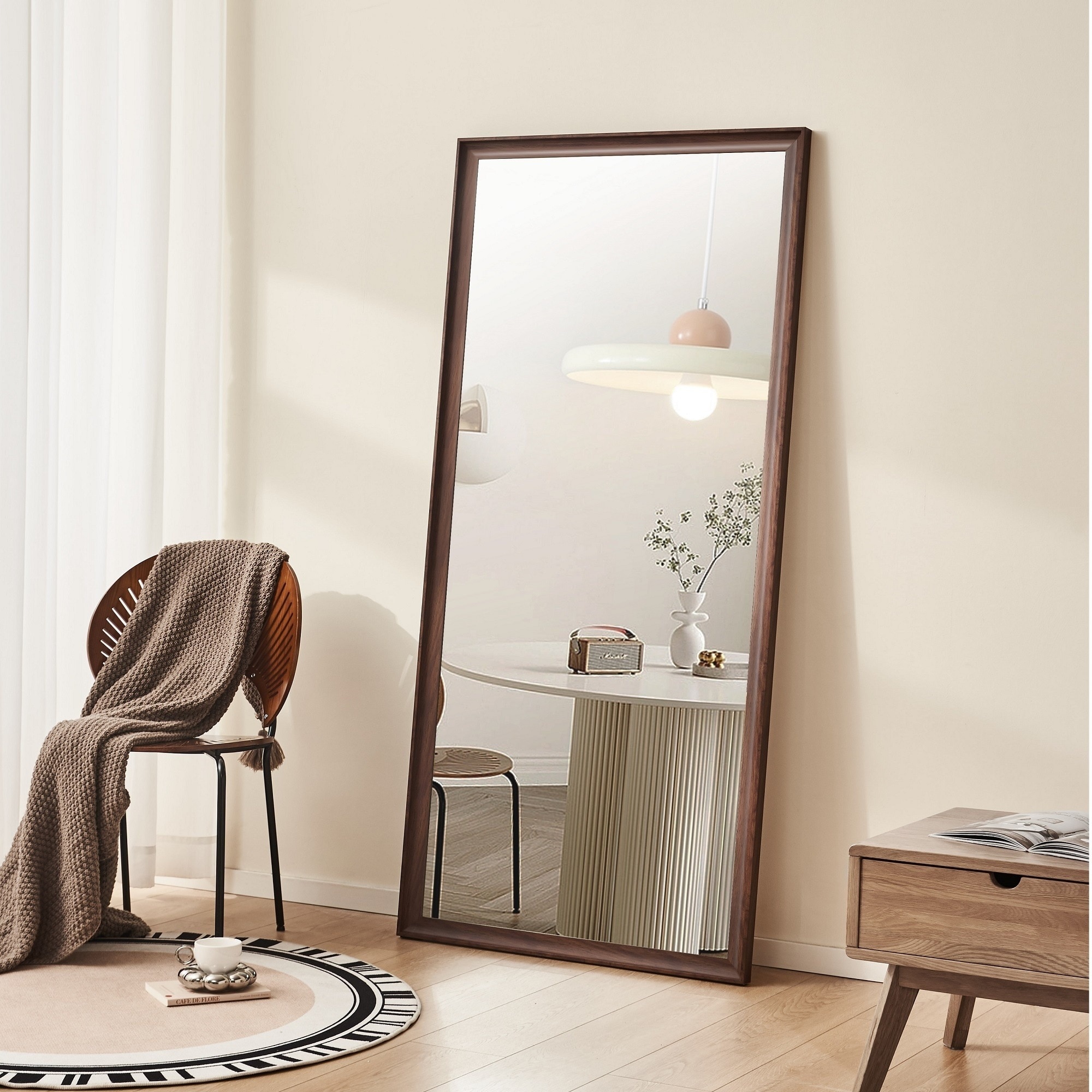 IAK 70 inch x 31 inch Brown Faux Wooden Frame Full Length Mirror with Wall-Mounted and Leaning Design