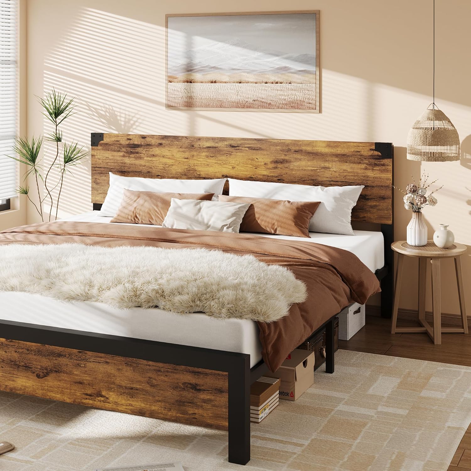 Qeetex LHF-BED-PHO-0V1QKQIS King Bed Frame Platform King Size Bed Frame with Wood Headboard Metal King Bed Frame with Under Bed Storage and Support Legs Noise Free No Box Spring Needed Easy Assembly-Rustic Brown