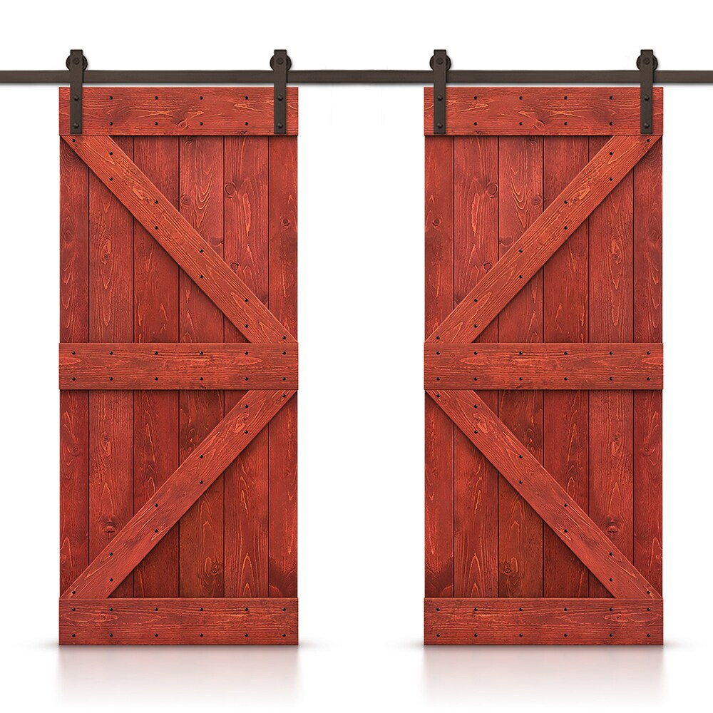 CALHOME CN+(2)SAB-79+K34H 68-in x 84-in Cherry Red Stained Wood Solid core Double Barn Door (Hardware Included)