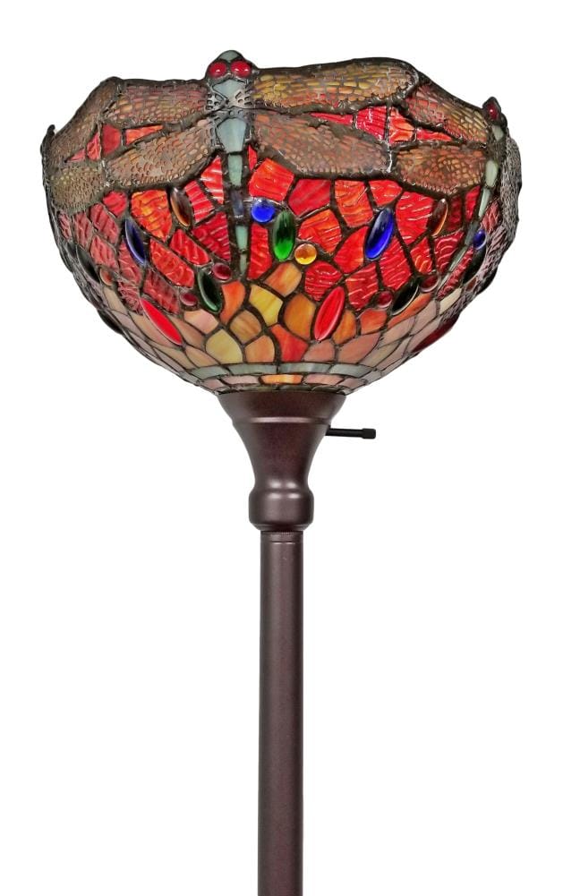 Elegant Dragonfly Torchiere Floor Lamp with Stained Glass Shade
