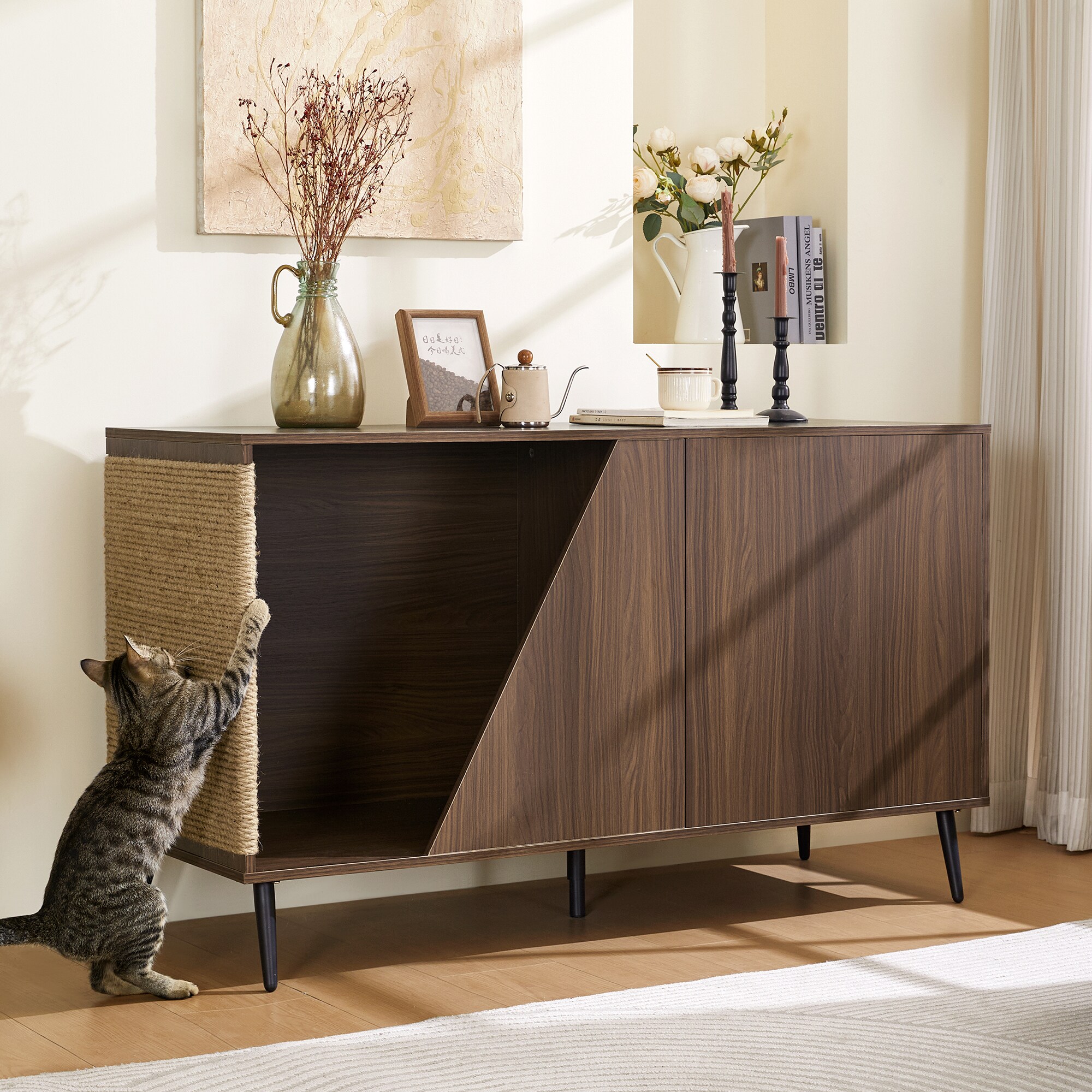LUXEYARD Cat Furniture 2 IN 1 Modern Walnut Cabinet Side Table With ...