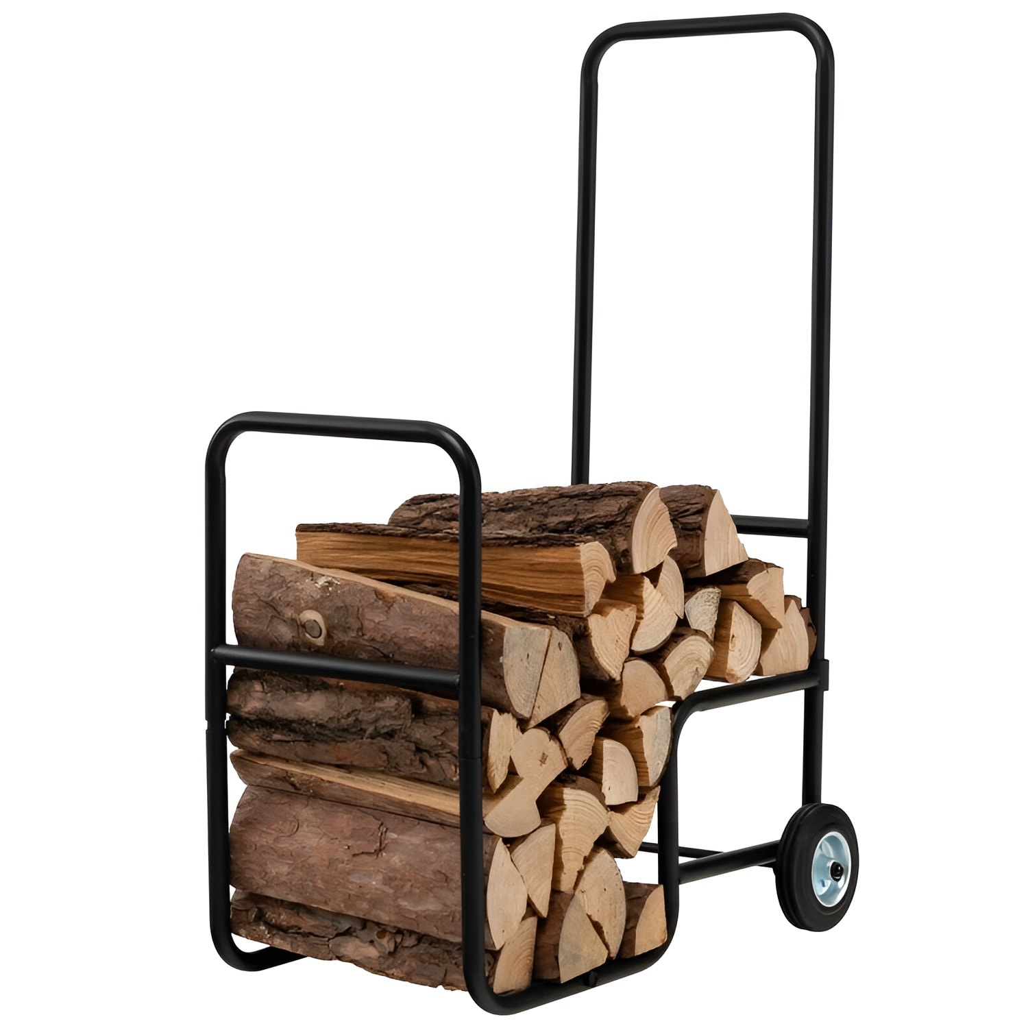 Slickblue D-FR-3945PLTG Black Steel Firewood Log Cart with Rubber Wheels and Extra Support Bar for Indoor Backyard or Patio