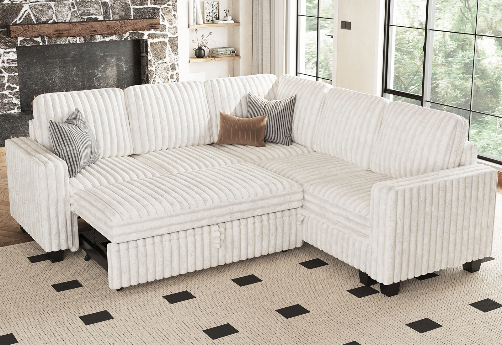 Belffin BF106-ABDG-WHITE 5 Seats Modular Faux Rabbit Fur Corduroy Pull-out Sleeper Sofa with Storage Seats