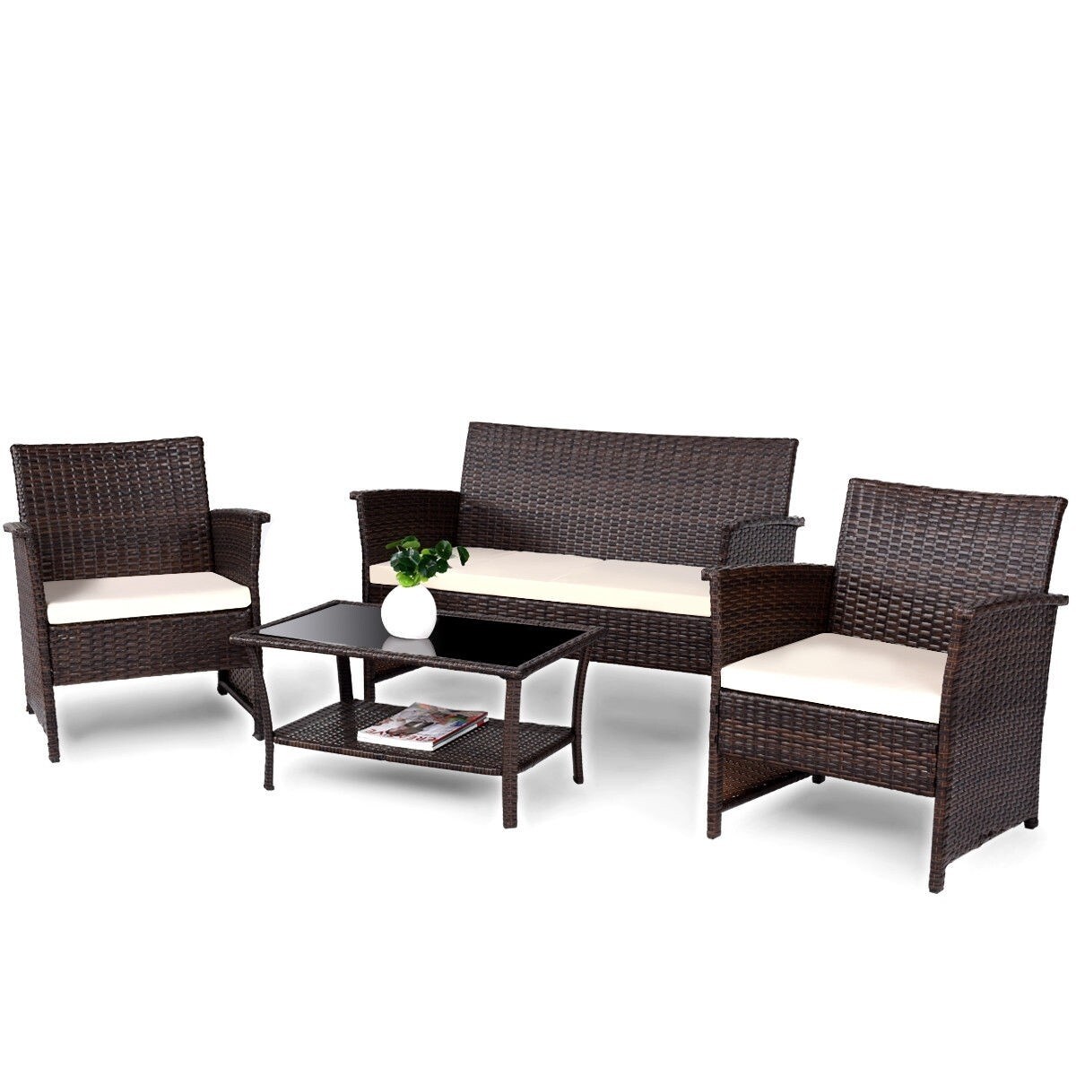 CASAINC WF-HW57026 4-Piece Rattan Patio Conversation Set with Brown Cushions