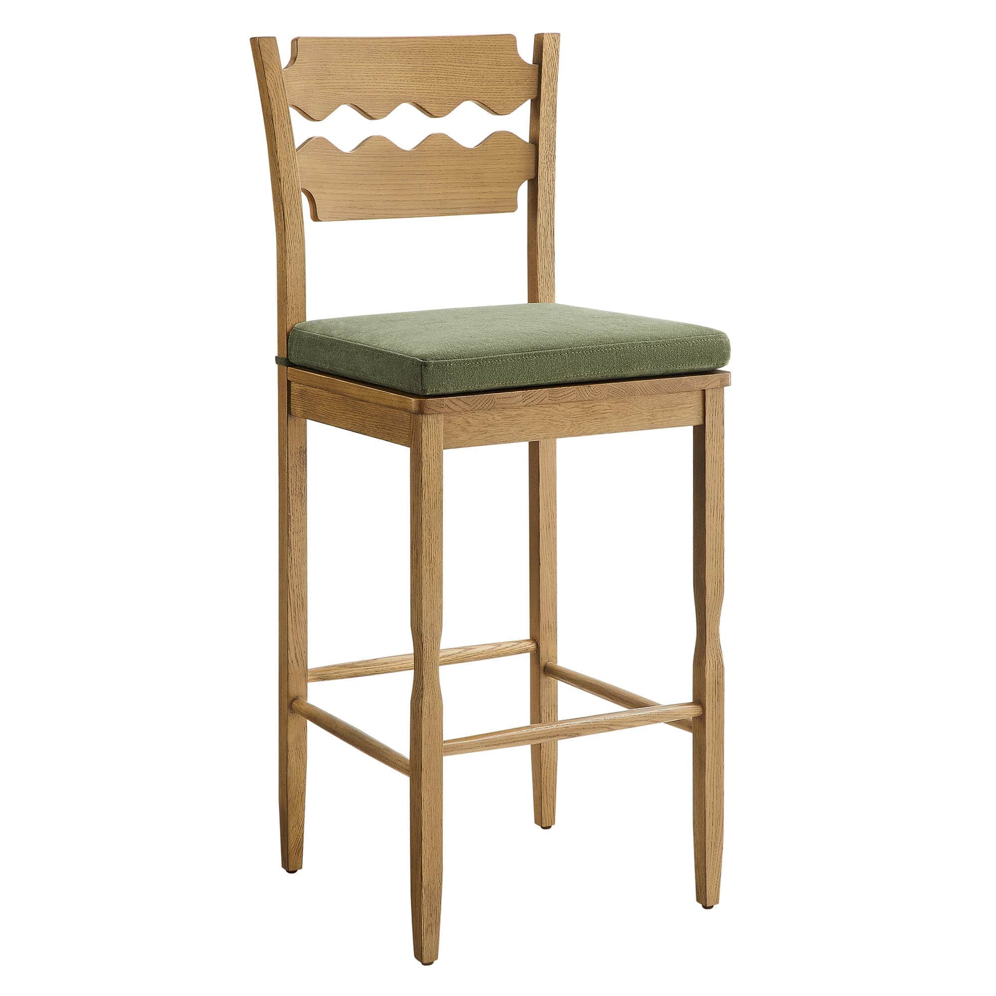  Jax Oak Wood Bar Stool With Wavy Razor Back and Cushion in Weathered Oak Sage