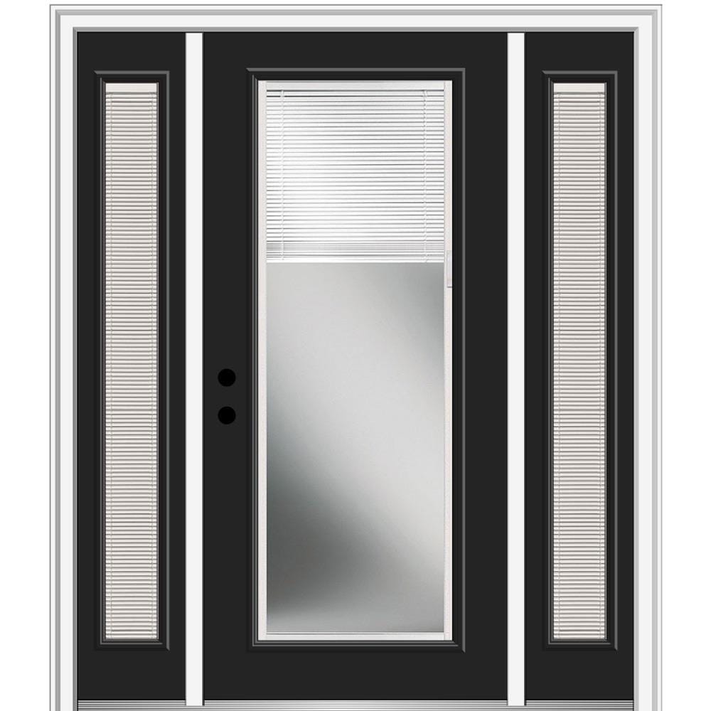 MMI DOOR ZZ362031R 60-in x 80-in x 4-9/16-in Fiberglass Full lite Right-hand inswing Black Painted Prehung Front Door with Sidelights with Brickmould Insulating core with Blinds