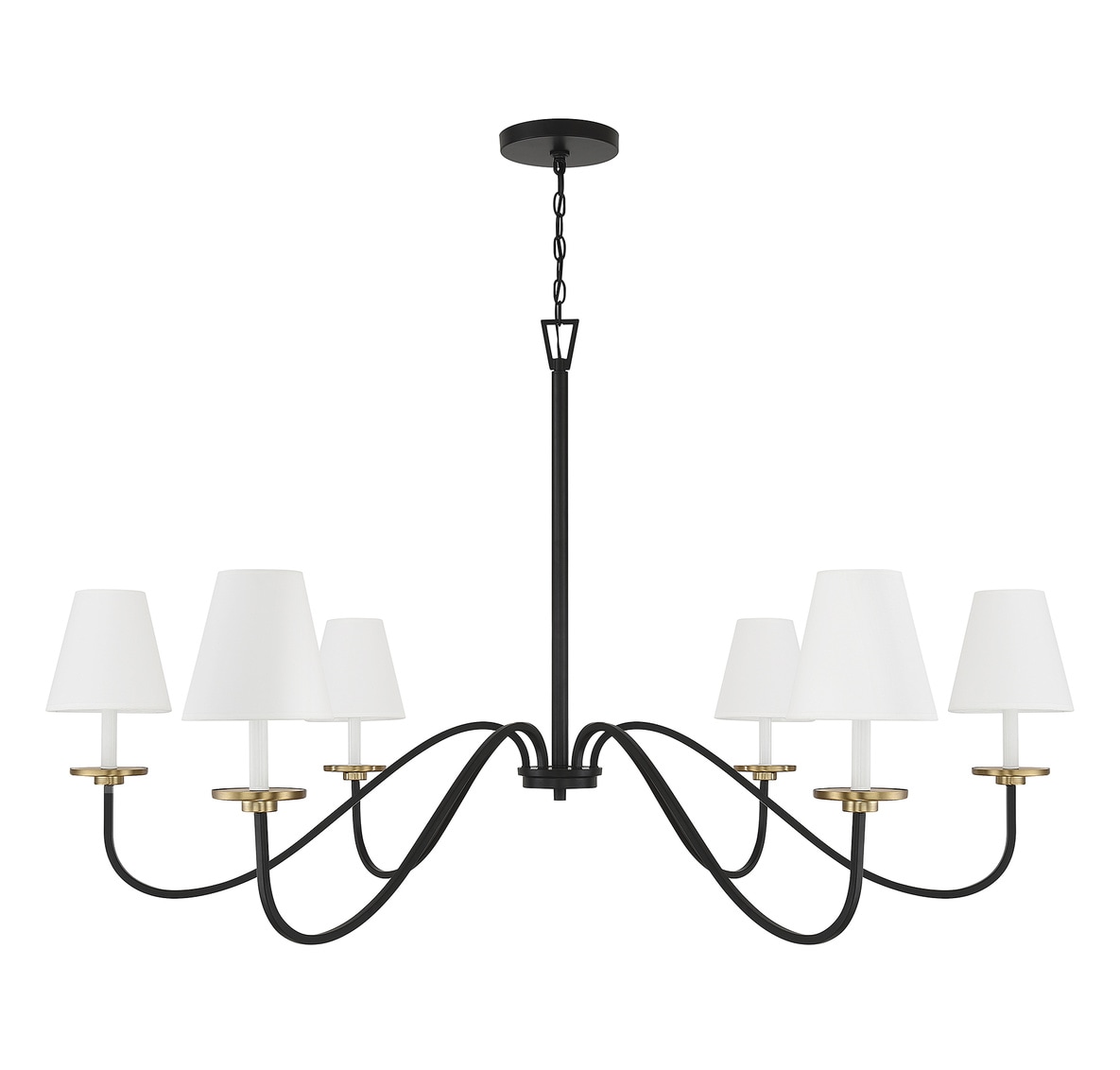 Black and Brass 6-Light Chandelier with White Shades