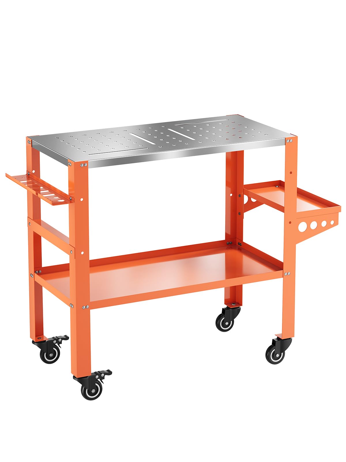 DEXSO 1200 LBS Heavy Duty Welding Table Workbench 36 x 18 Inch Steel Top with Lockable Caster Wheels Tool Rack Tray 4 Tool Slots 5/8 inch Fixture Holes Orange