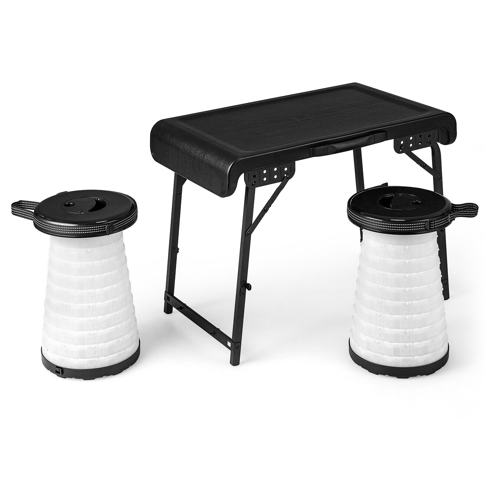 Slickblue D-CO-KD86111PN 29 inch- Black White- Aluminum Table Rectangular Folding Camping Table with 2 LED Stools for Picnic Beach or BBQ