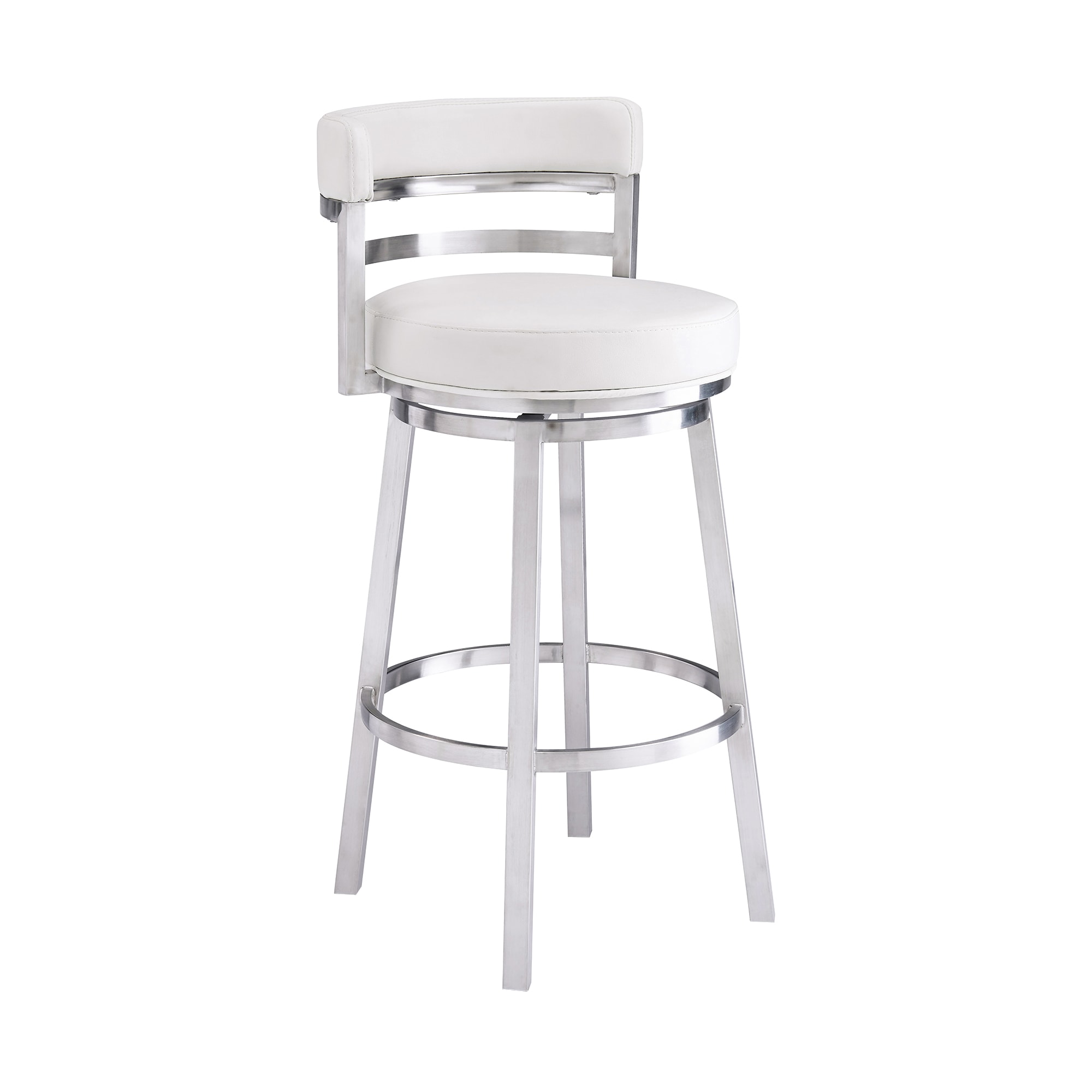 Armen Living 840254335080 Brushed Stainless Steel 30.0-in H Bar height Bucket seat Upholstered Swivel Metal Bar Stool with Arms and Back
