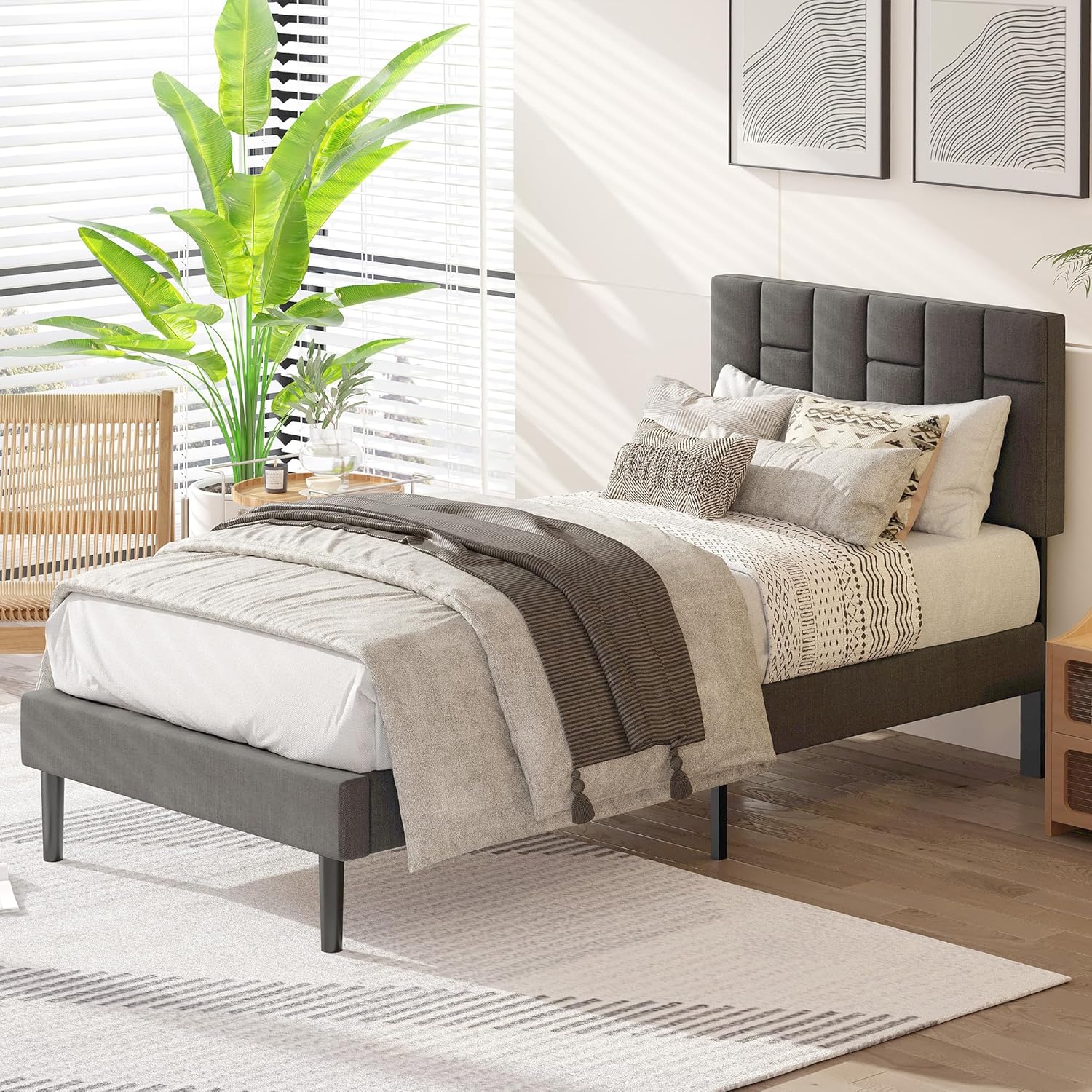 Likimio SIXWLGNWUN16M3RO 41.7-in W Grey Twin Bed Frame with Modern Upholstered Platform and Headboard